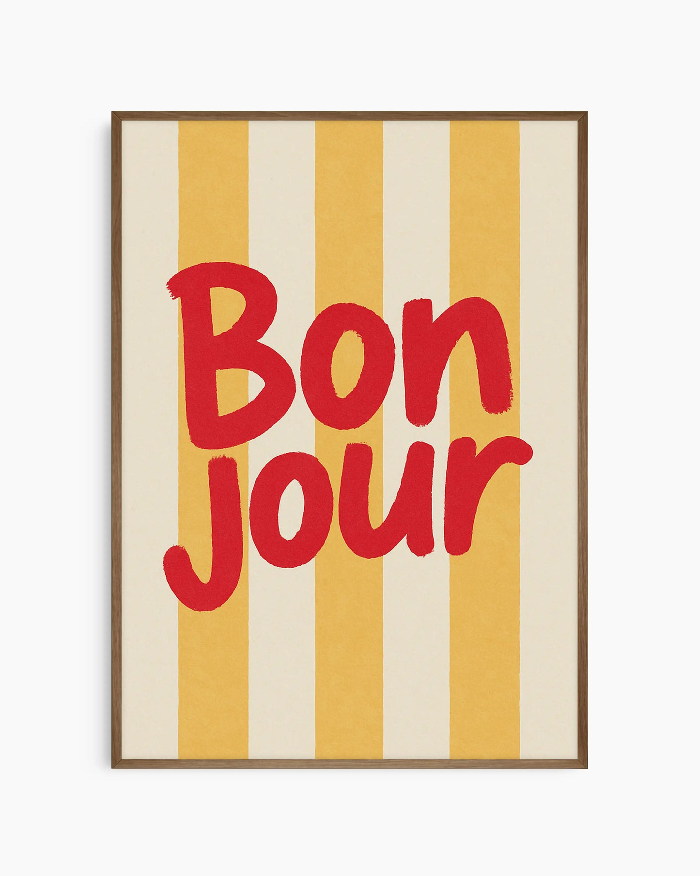 Poster with 'Bonjour' text in red on a striped yellow and beige background with a dark oak frame.