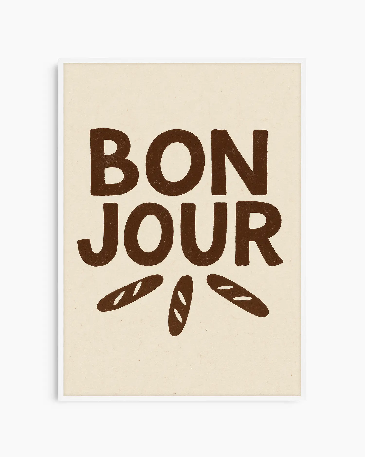 Beige poster with 'Bonjour' text and bread illustrations in brown framed in a white frame.