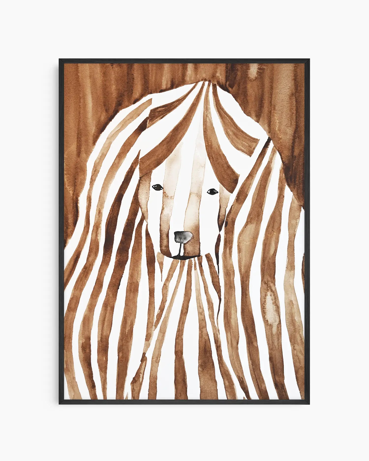 Watercolor painting of a cocker spaniel with brown and white stripes on a brown background framed in a black frame