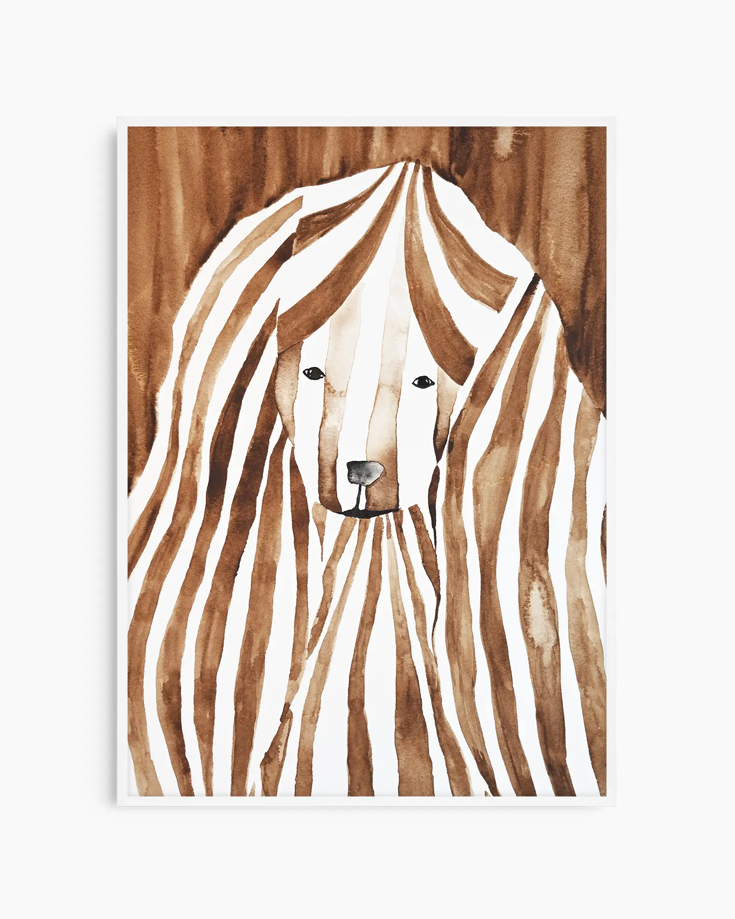 Watercolor painting of a cocker spaniel with brown and white stripes on a brown background framed in a white frame