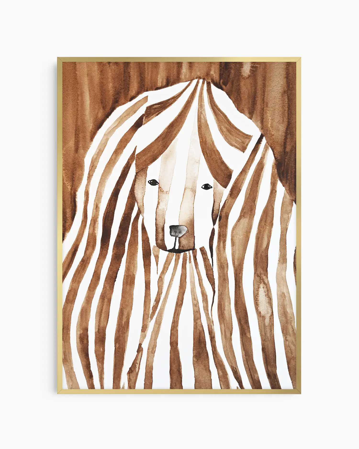Watercolor painting of a cocker spaniel with brown and white stripes on a brown background framed in a gold frame