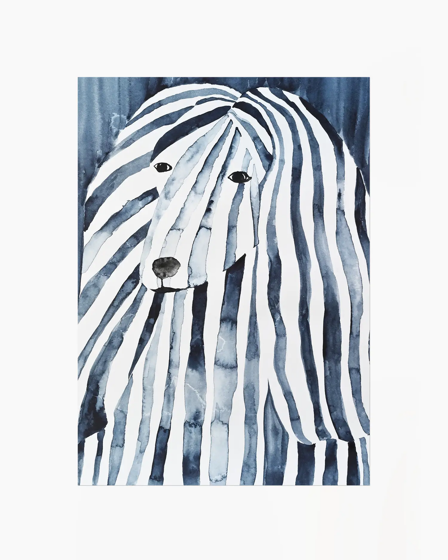 Watercolor painting of an afghan hound with blue and white stripes on a blue background