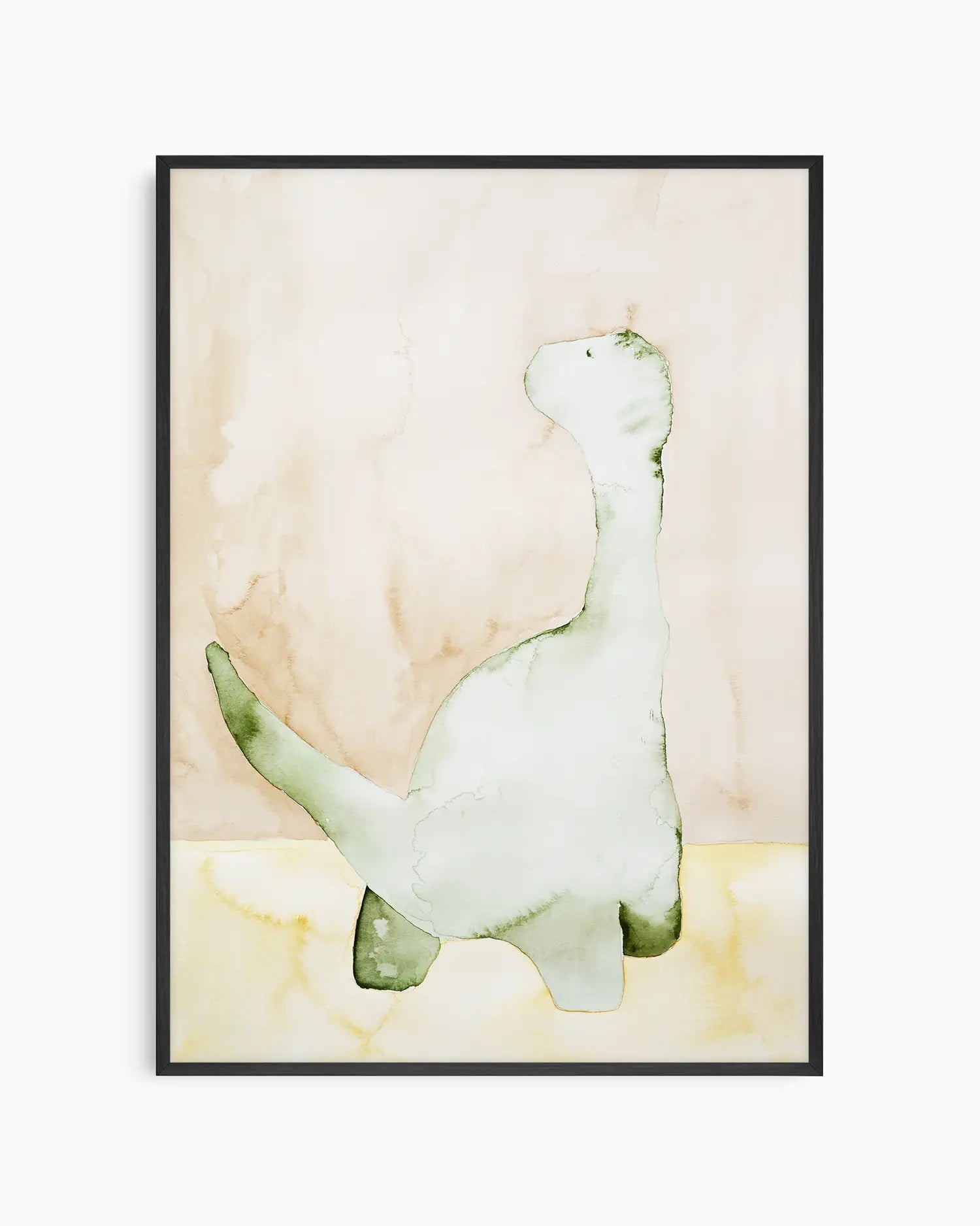 Children's poster of a green dinosaur inside of a black frame