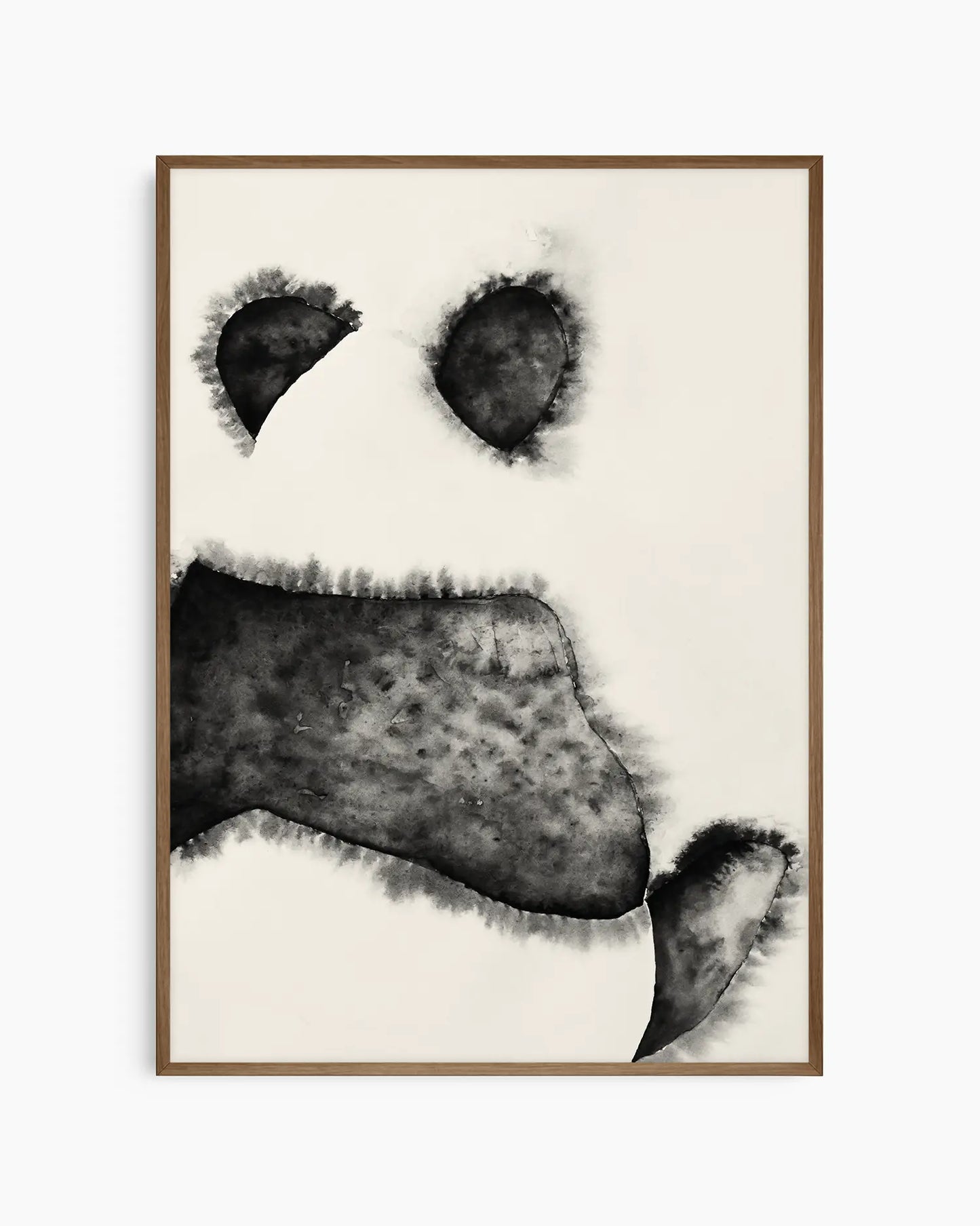Black and white illustration of a panda bear's face on a beige background inside of a dark oak frame