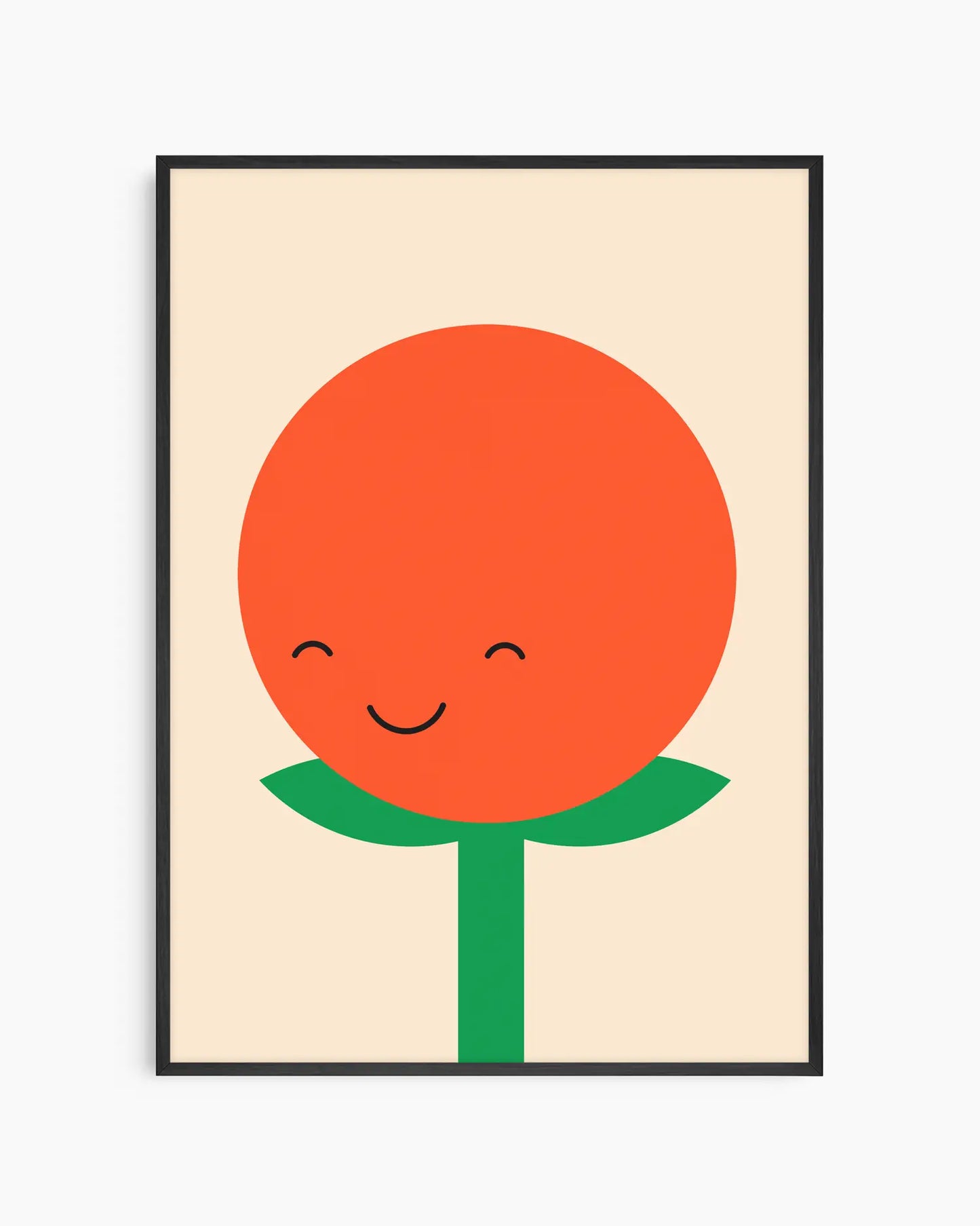 Nursery poster of a smiling tomato with a green stem on a beige background framed in a black wooden frame