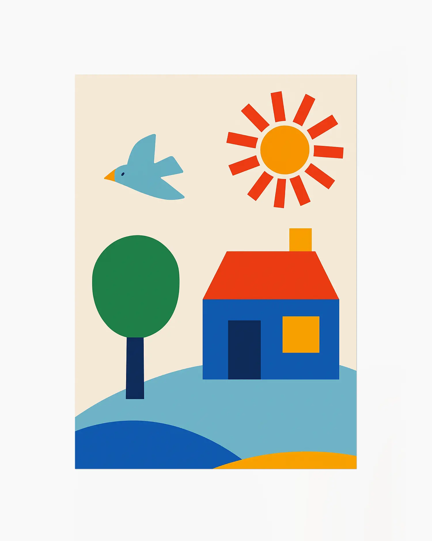 Colorful nursery poster of a house, tree, sun, and bird on a beige background