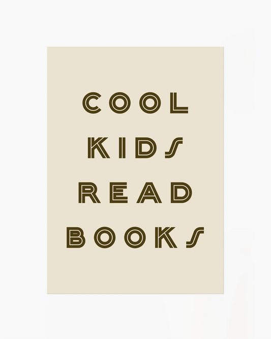 Beige nursery poster with 'Cool kids read books' text on a white background.