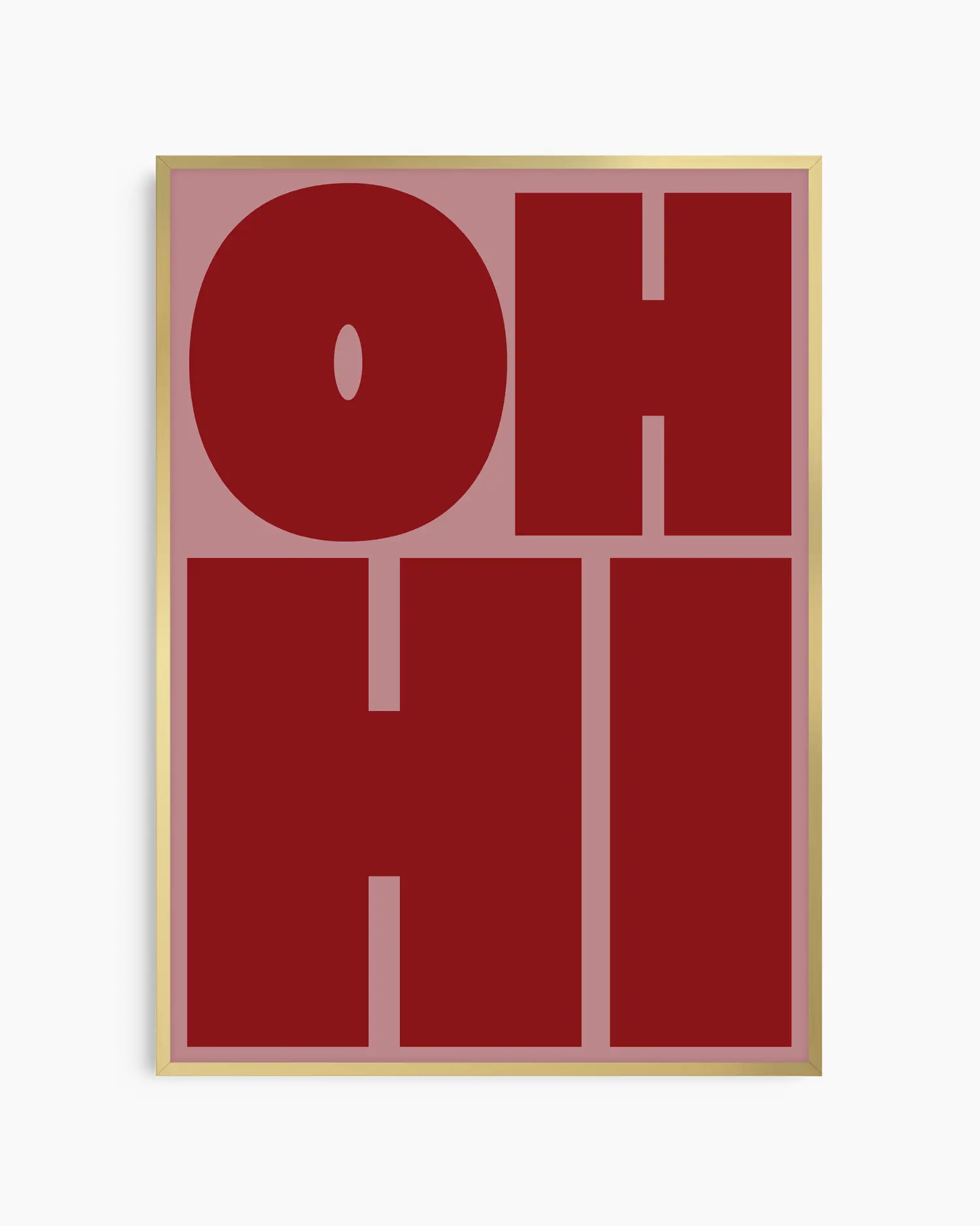 Nursery poster with red 'OH HI' text on a pink background. Gold frame.