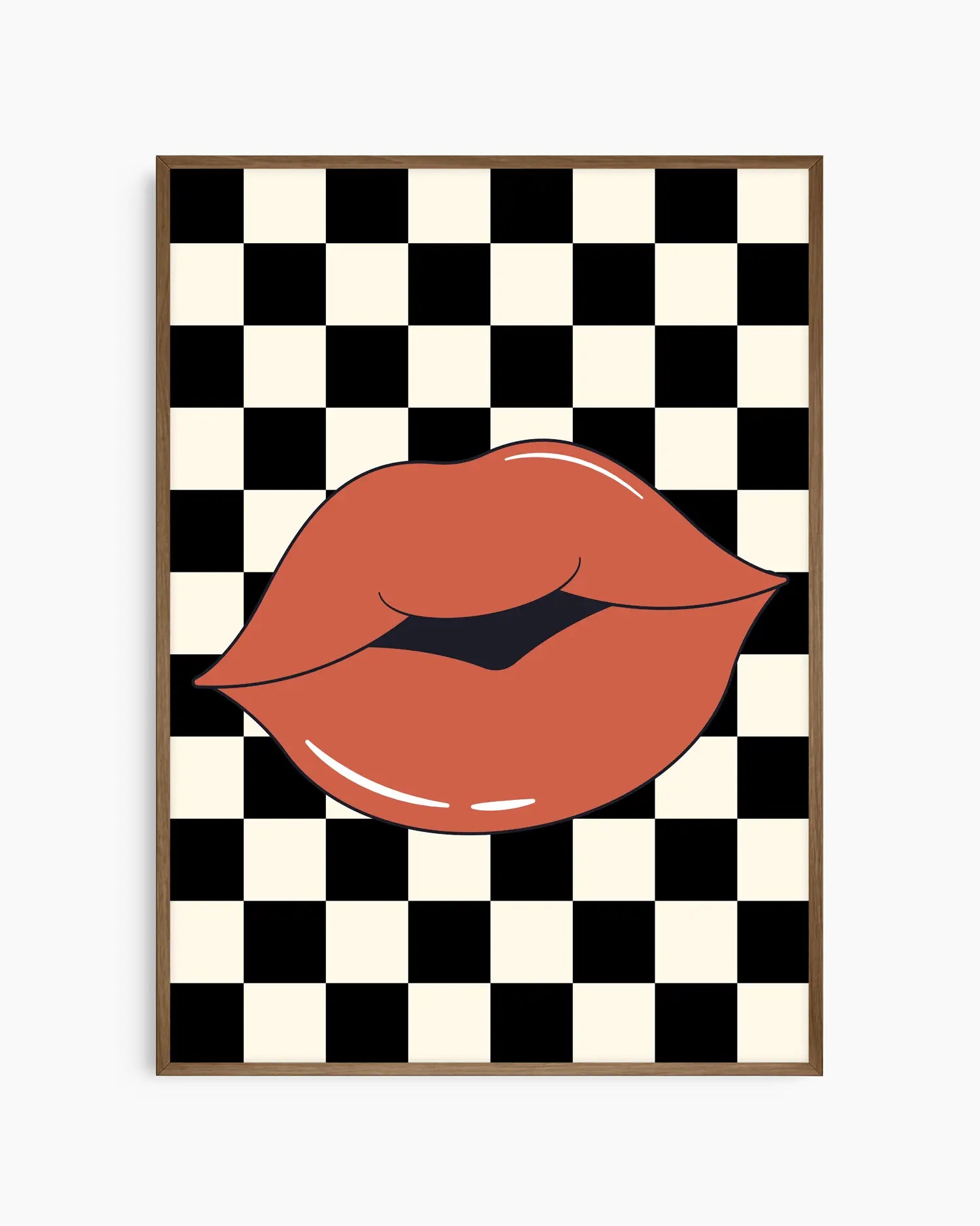 Poster with kissing red lips design on a black and white checkered background. Dark oak frame.
