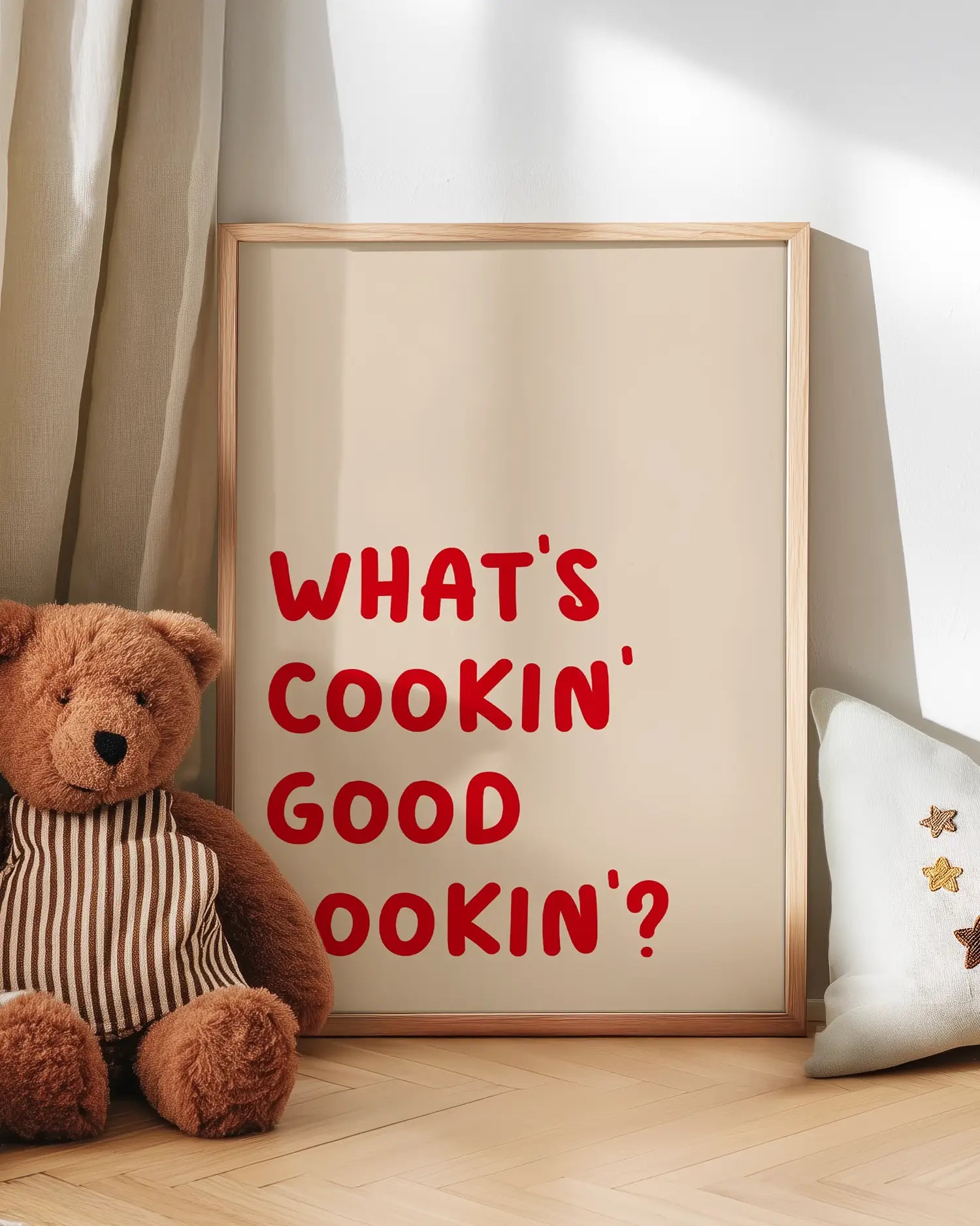 Interior design wallart with the text "What's cookin' good lookin'?"