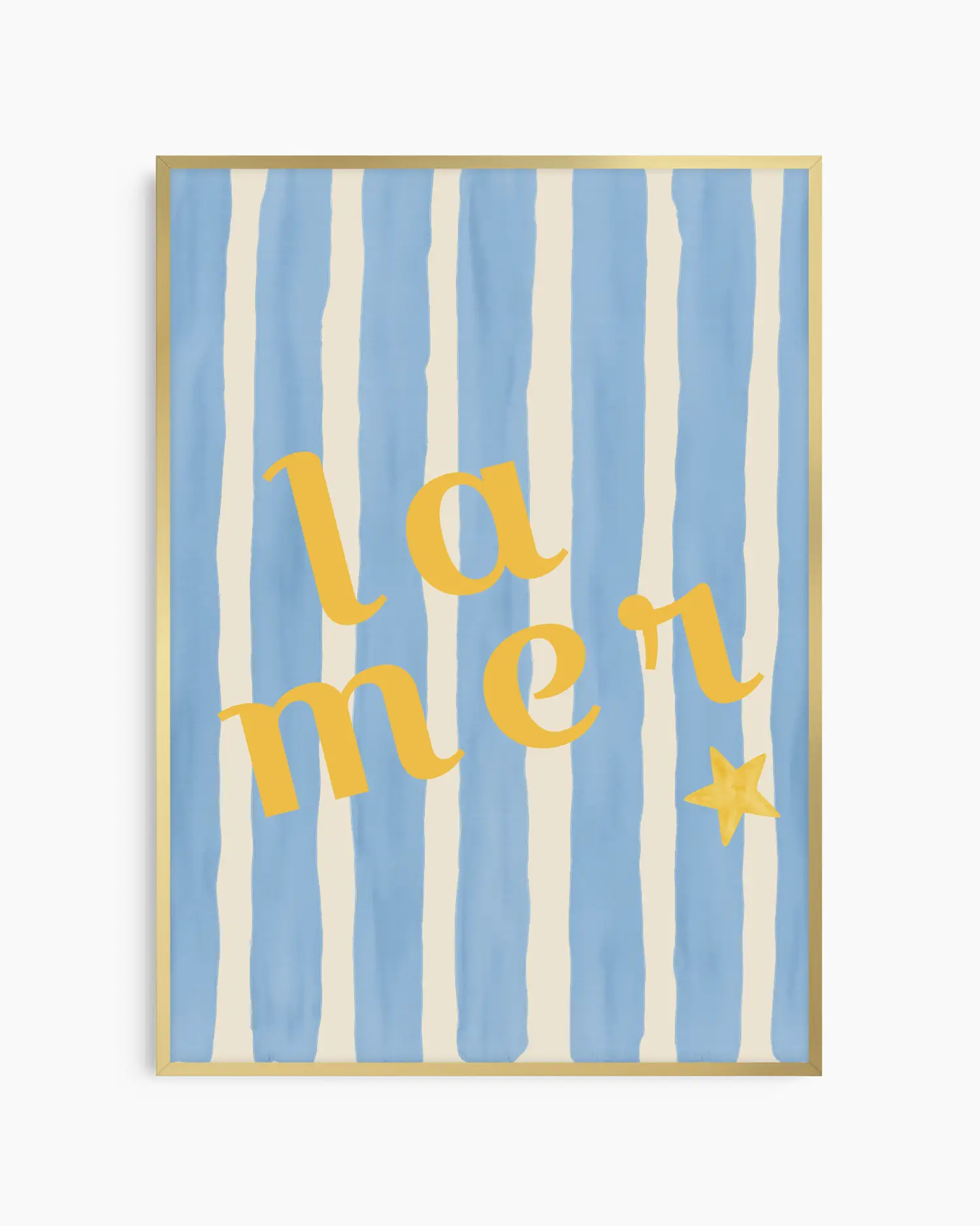 Nursery artwork with 'la mer' text on a blue and white striped background in a golden aluminium frame.
