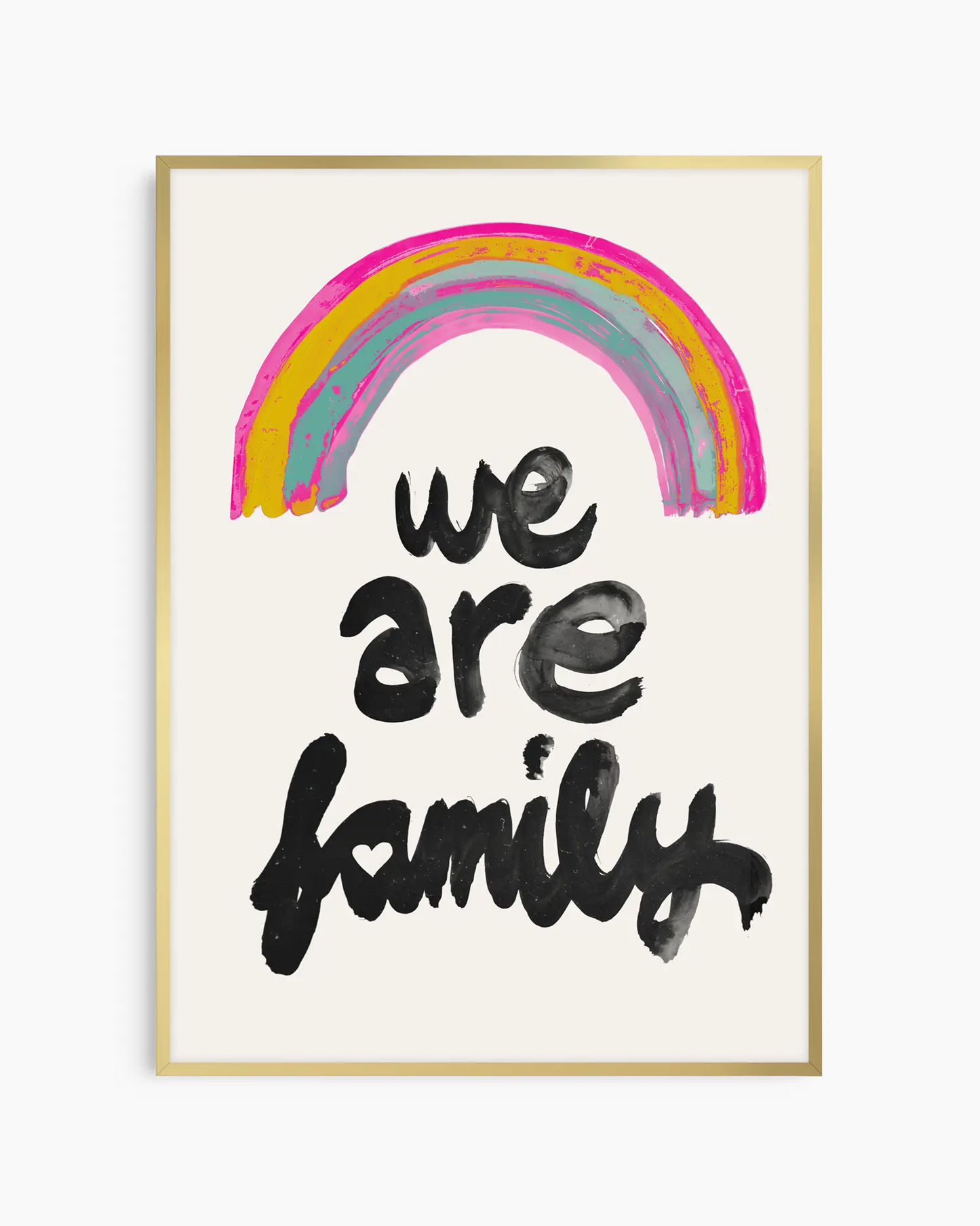 Framed artwork with a rainbow and 'we are family' text on a white background