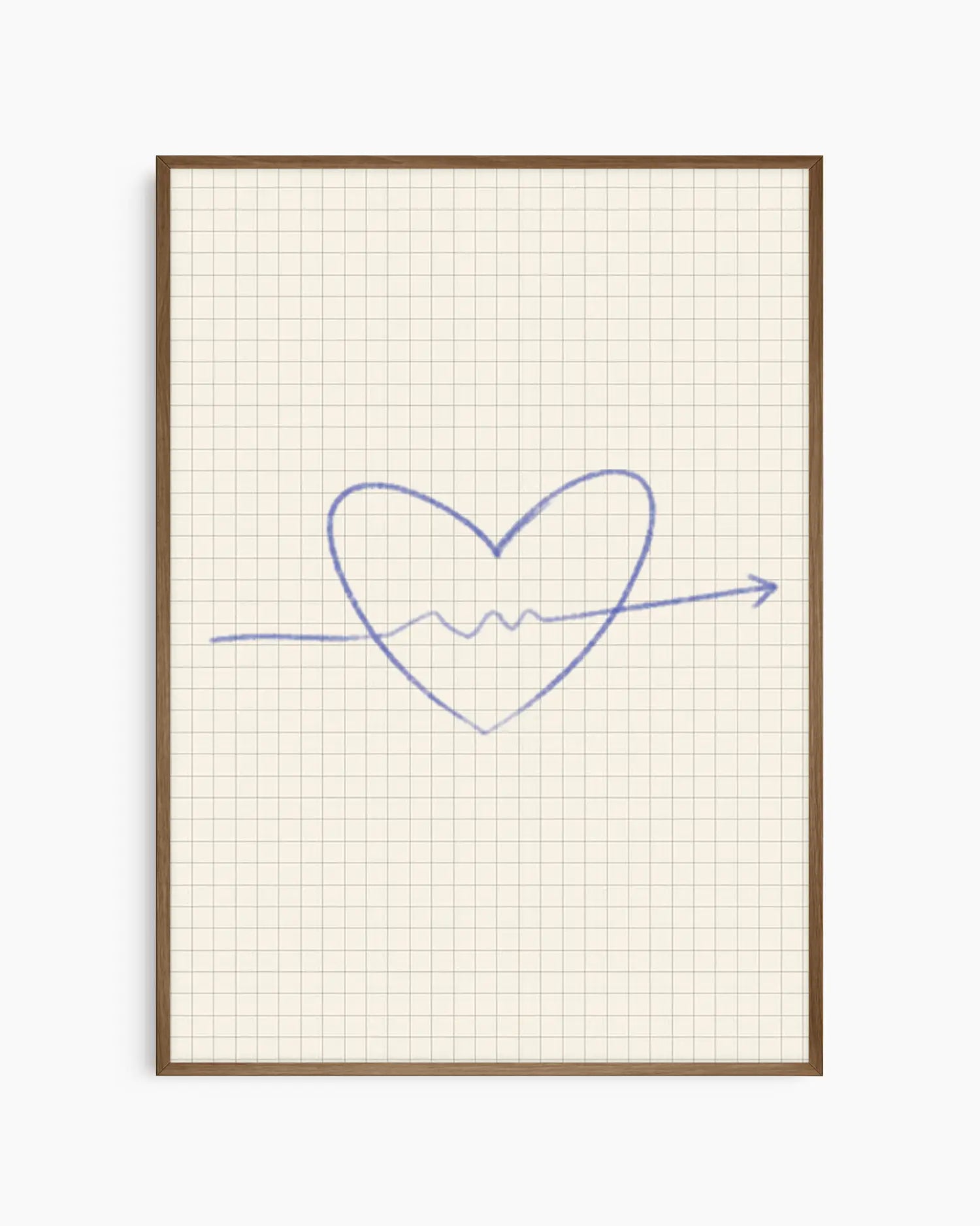 Heart shape with a line on grid paper inside a dark oak frame