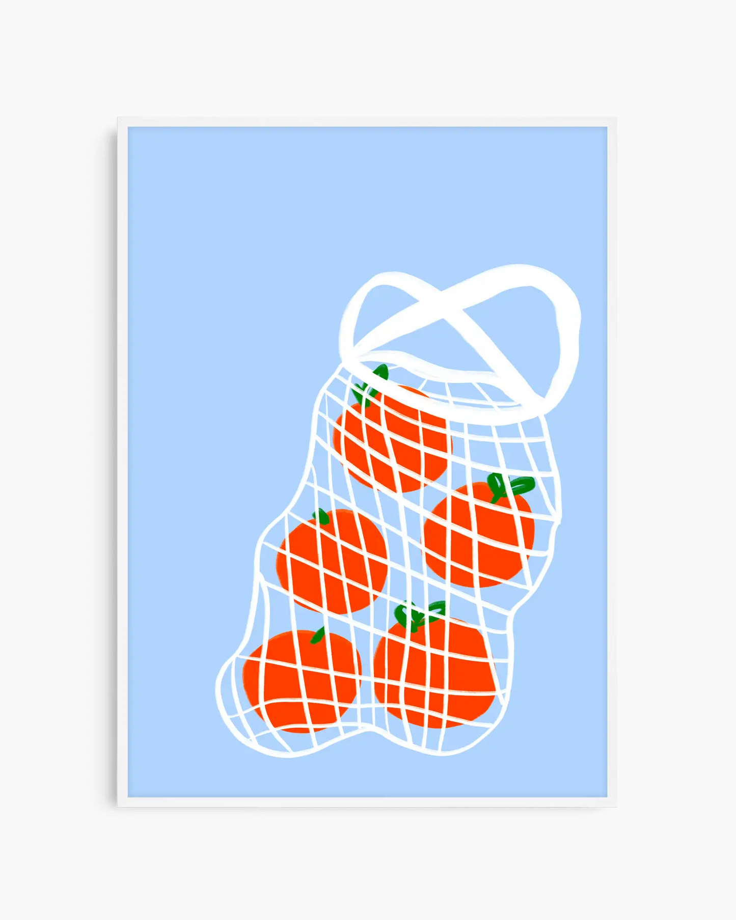 Framed artwork of tomatoes in a mesh on a light blue background