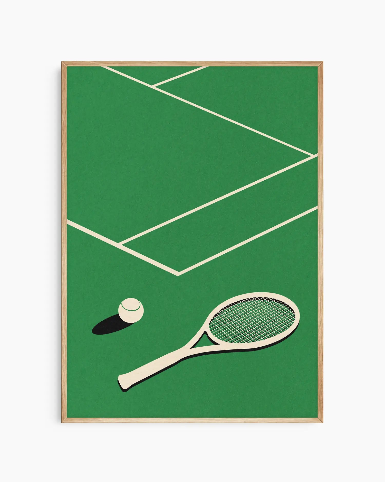 Framed artwork of a tennis racket and ball on a green court background