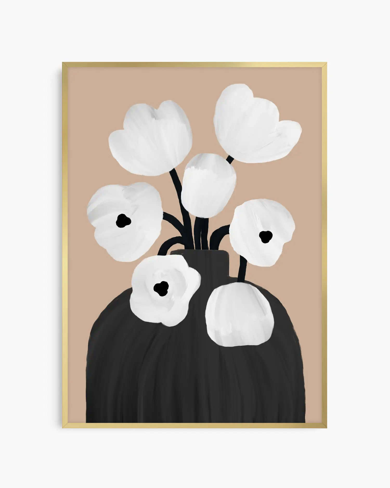 Framed artwork of a black vase with white flowers on a beige background