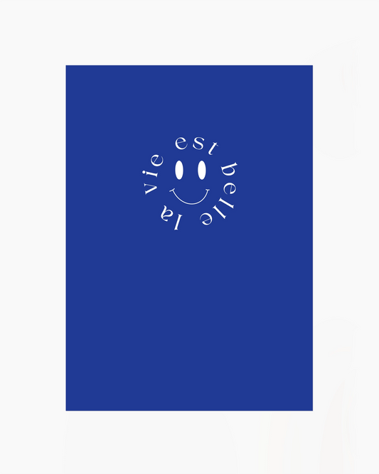Blue book cover with white text and smiley face design on a white background