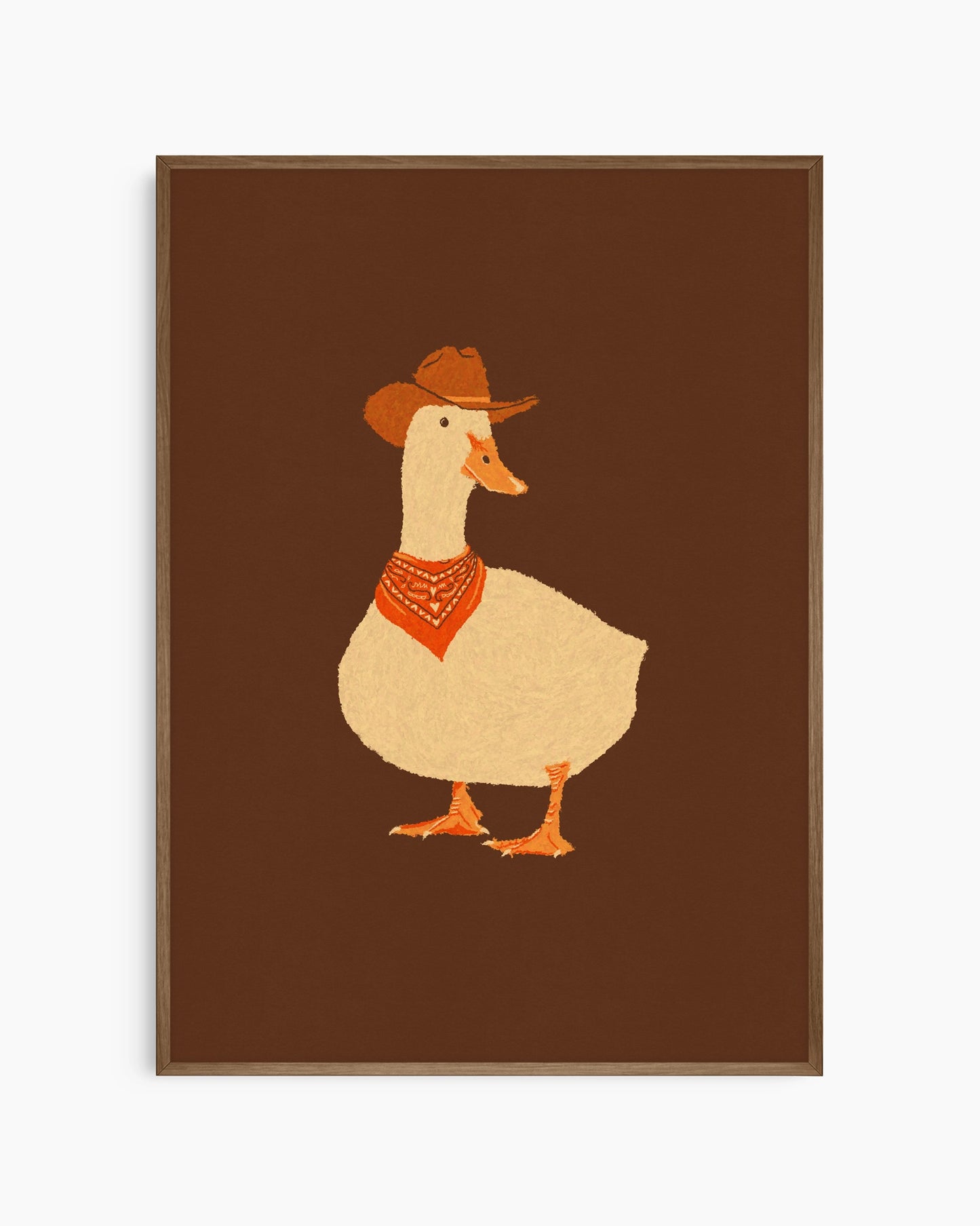 Framed artwork of a duck wearing a cowboy hat and bandana on a brown background