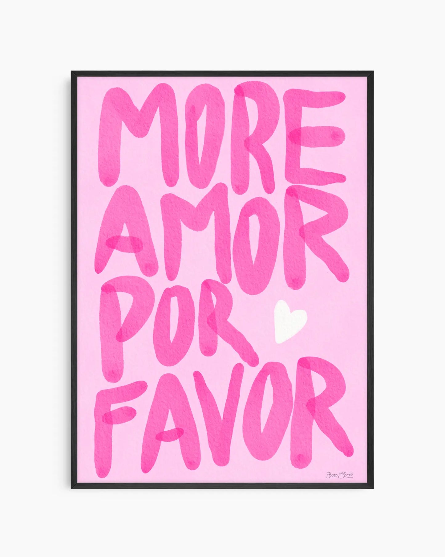 Nursery poster with pink text 'MORE AMOR POR FAVOR' on a pink background. Black frame.