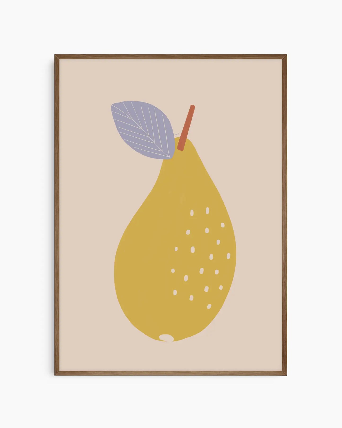 Framed artwork of a yellow pear with a leaf on a beige background