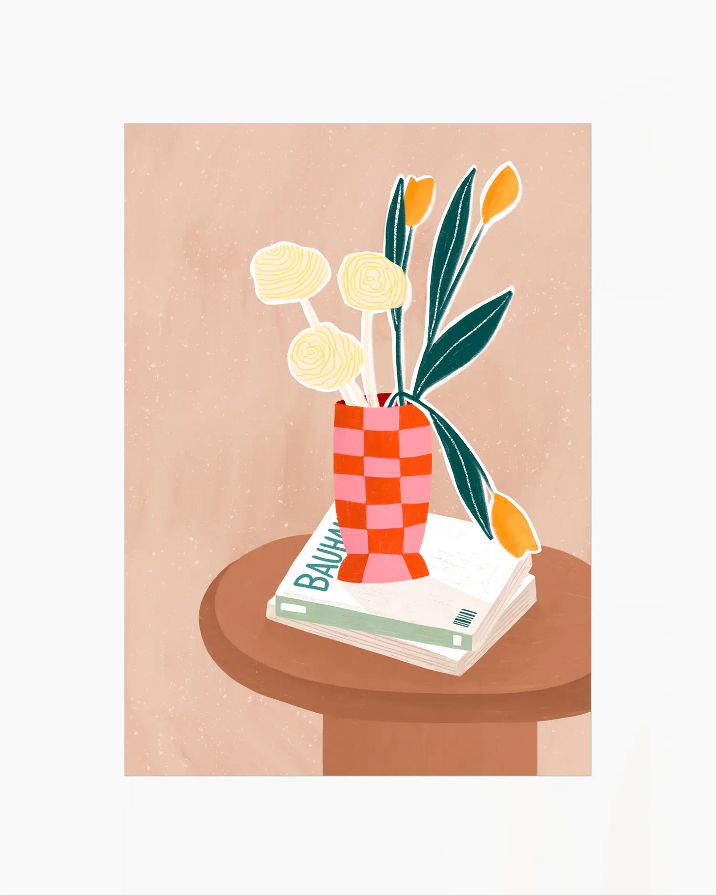Illustration of a vase with flowers on a table against a beige background