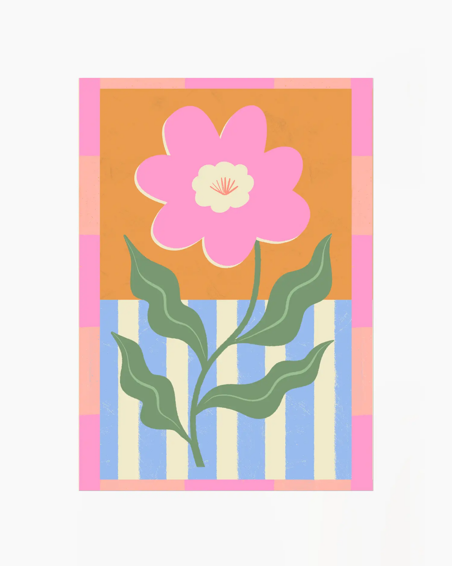Colorful artwork with a pink flower and green leaves on a striped background