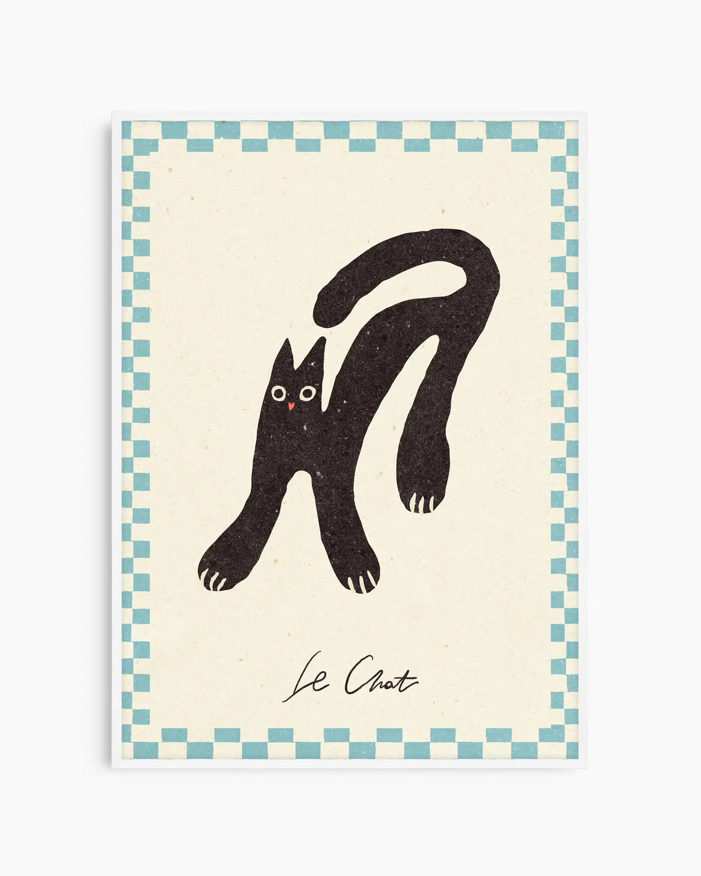 Illustration of a black cat on a beige background with a blue checkered border