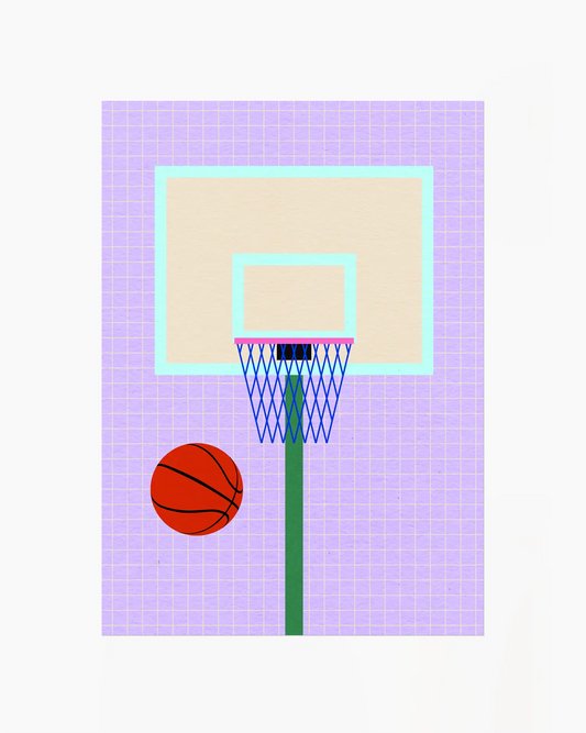 Basketball hoop with a basketball on a purple court