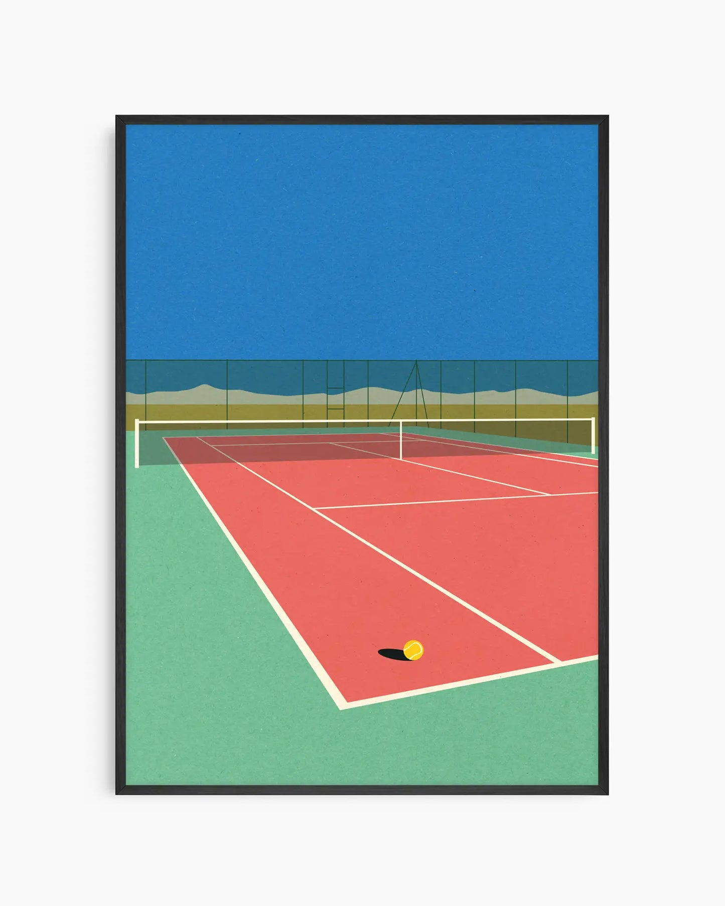 Framed artwork of a tennis court with a blue sky and green grass.