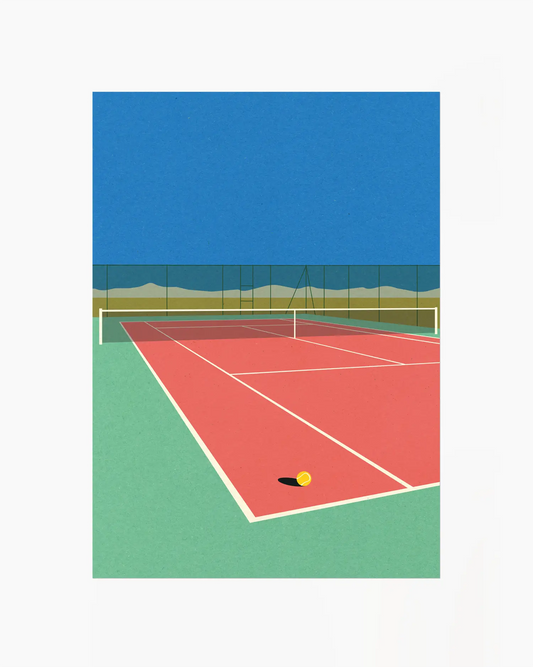 Tennis court with a blue sky and green and red surface.