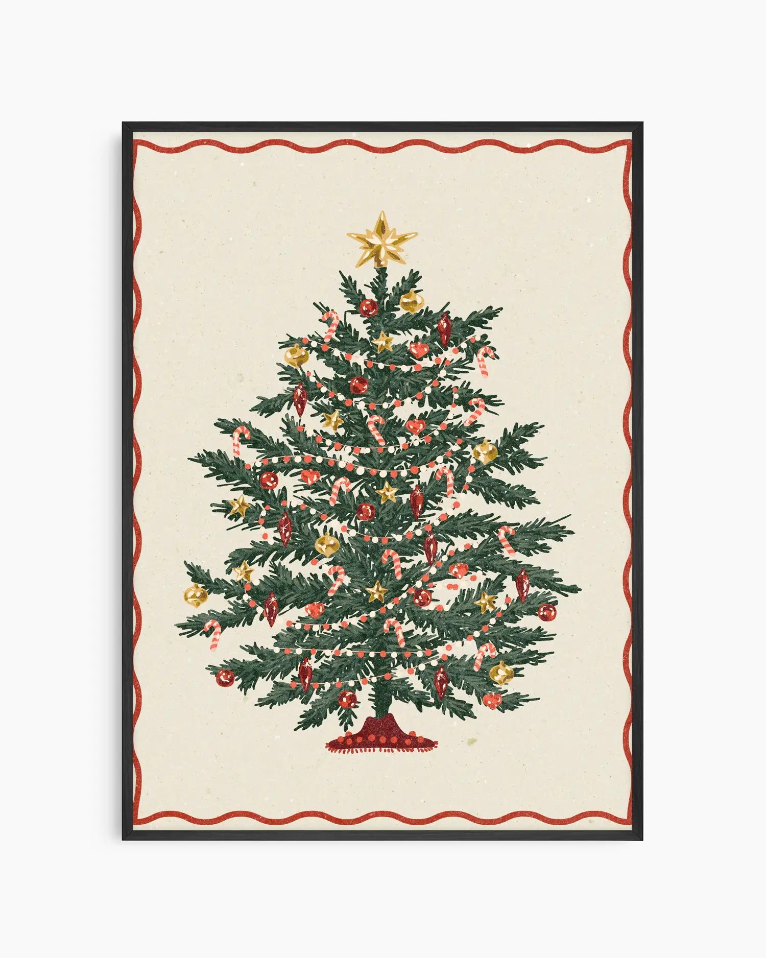 Framed artwork of a Christmas tree with decorations on a white background