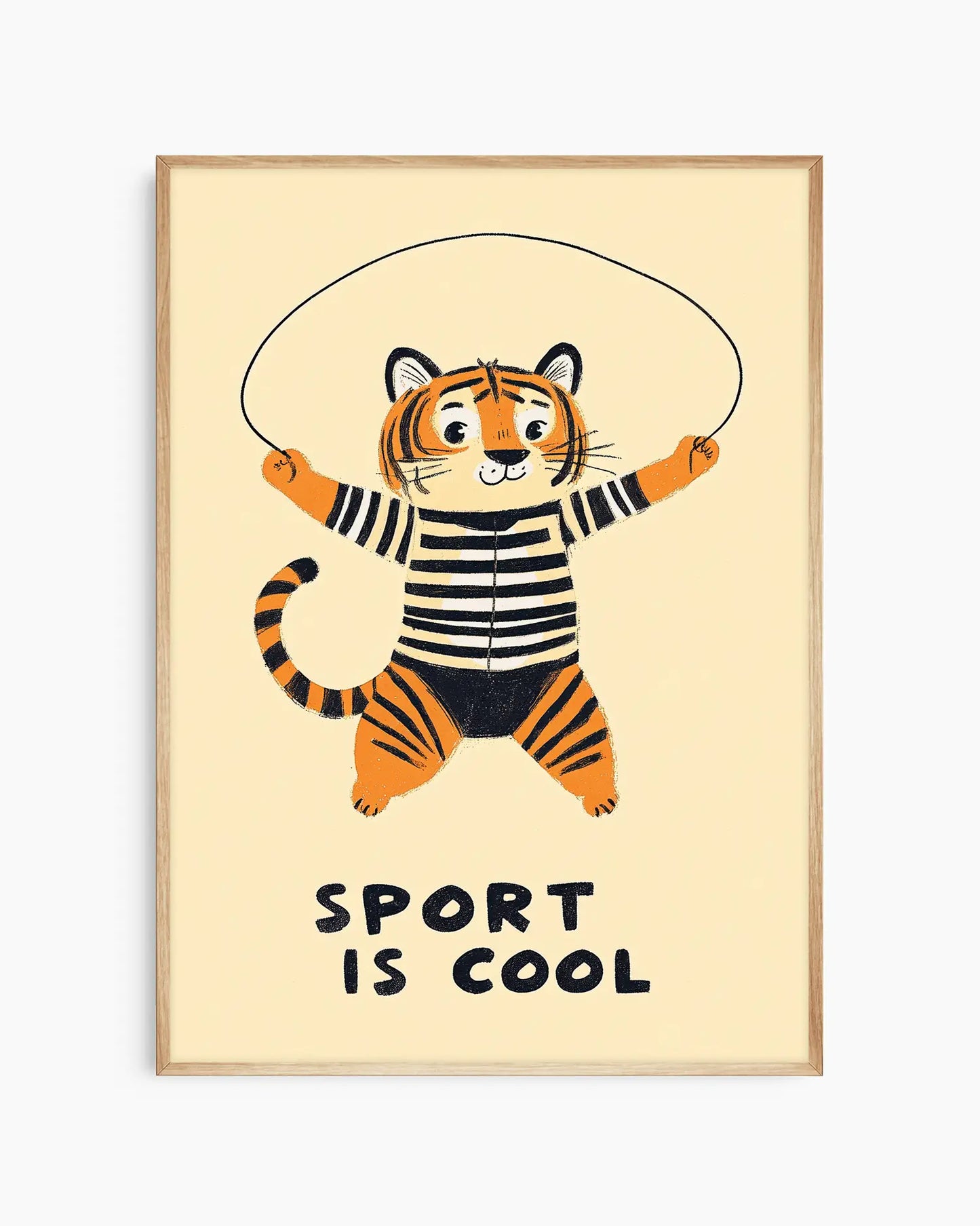 Framed artwork of a tiger in a striped outfit with a skipping rope, on a beige background with 'Sport is Cool' text.