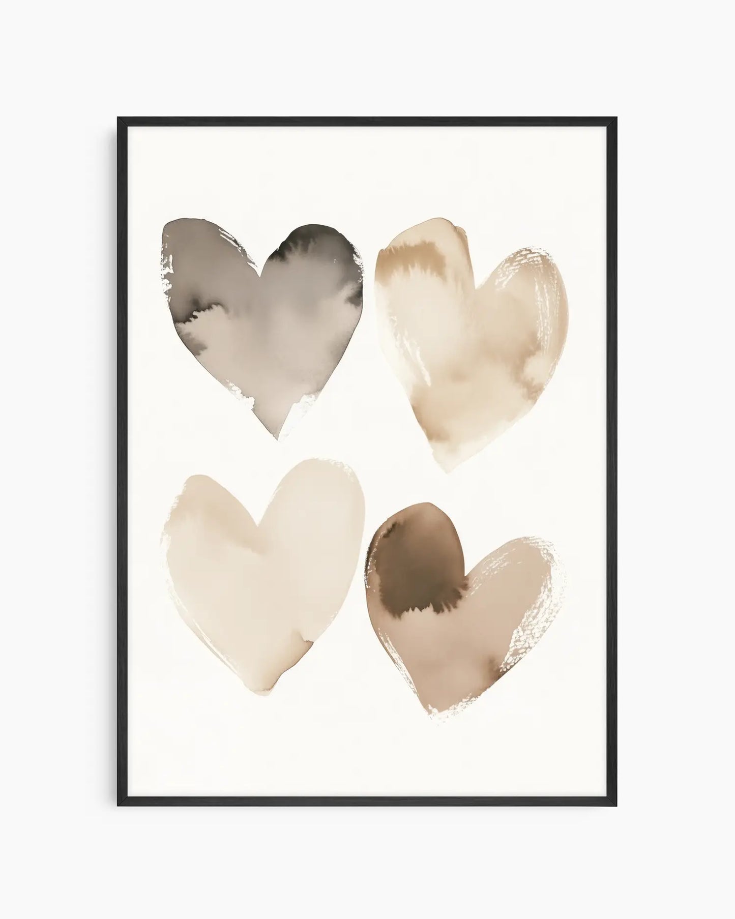 Framed artwork with four watercolor hearts in beige and brown tones on a white background.
