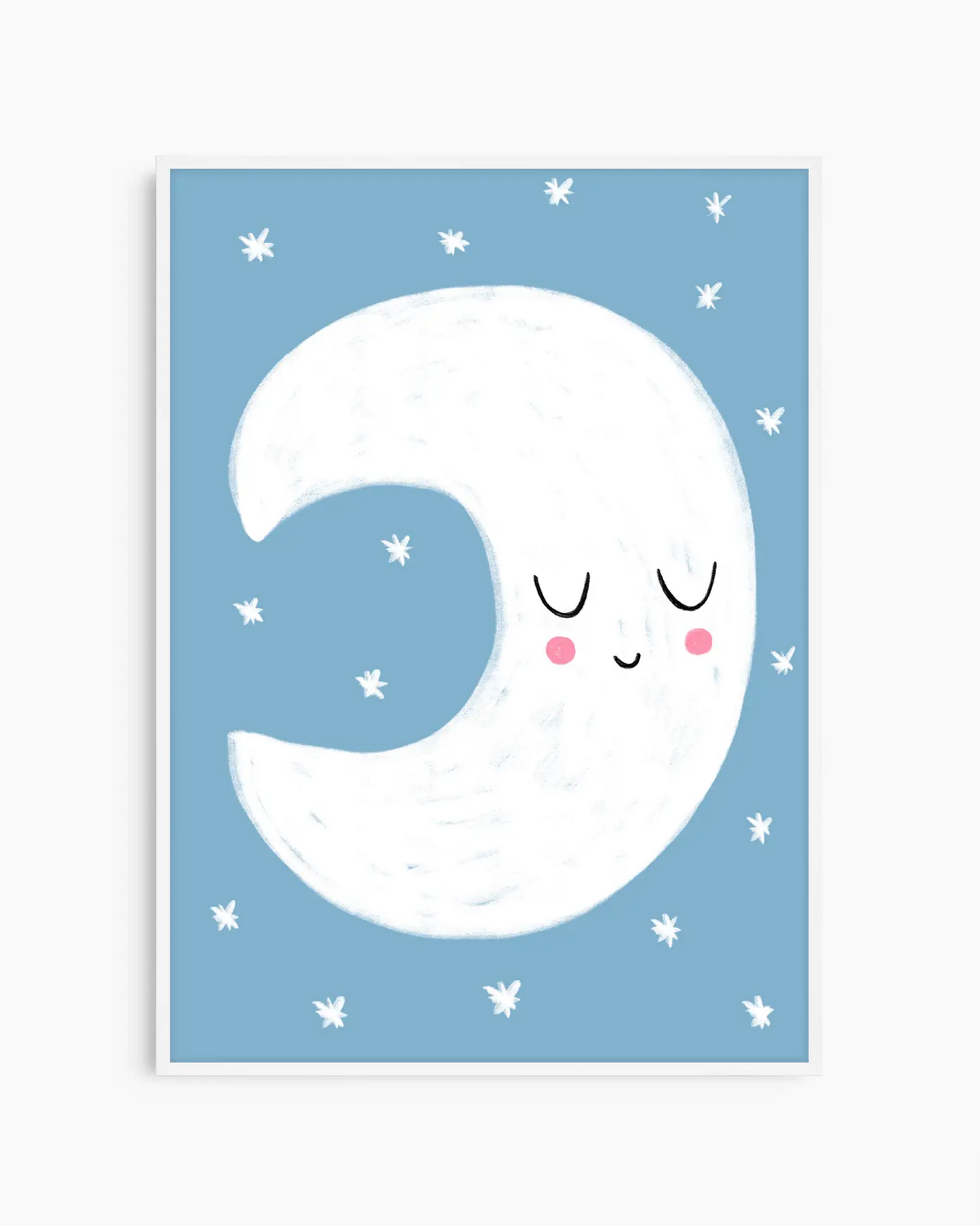 Cartoon moon with a smiling face on a blue background with white stars