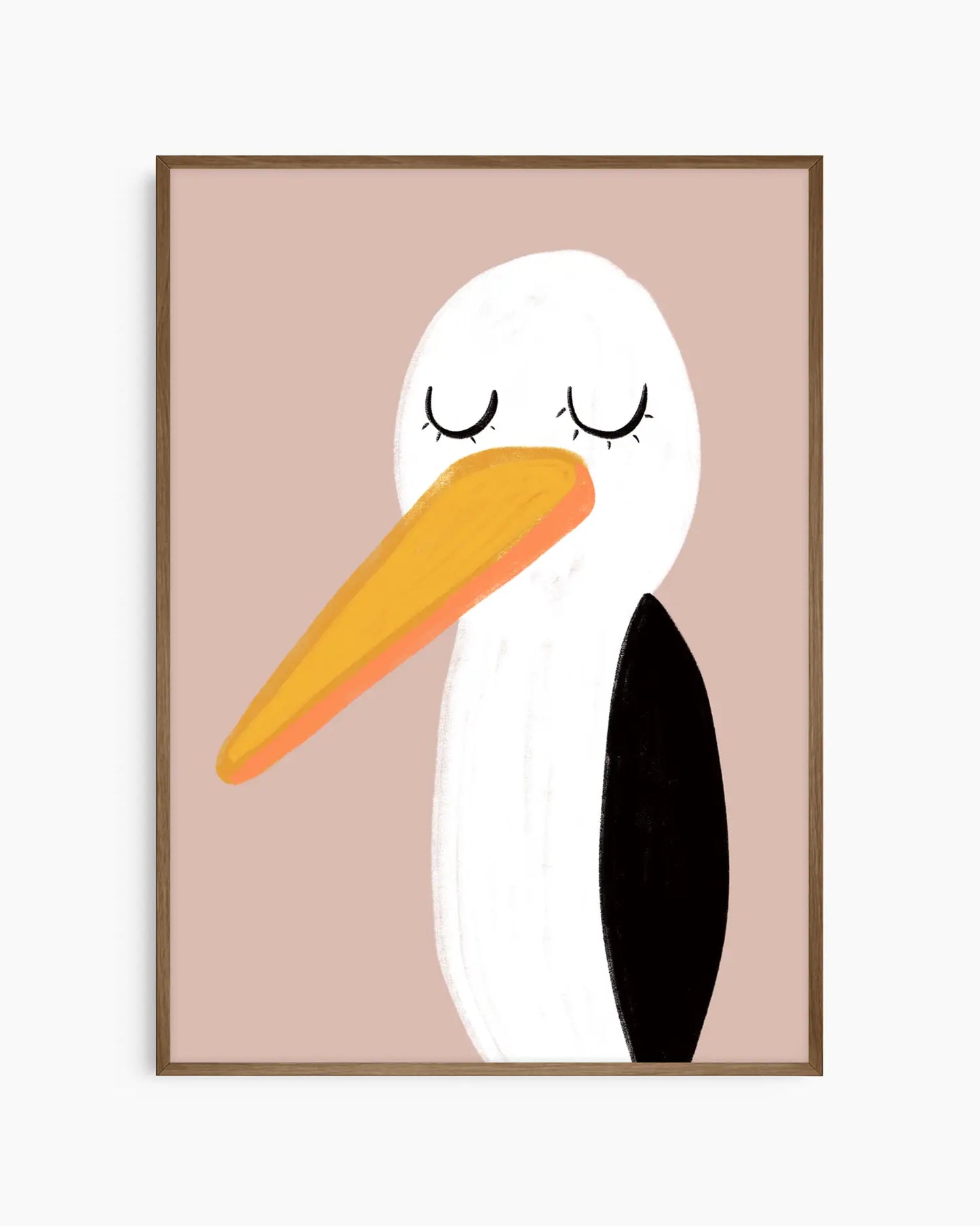 Framed artwork of a stylized bird with a yellow beak and black body on a beige background
