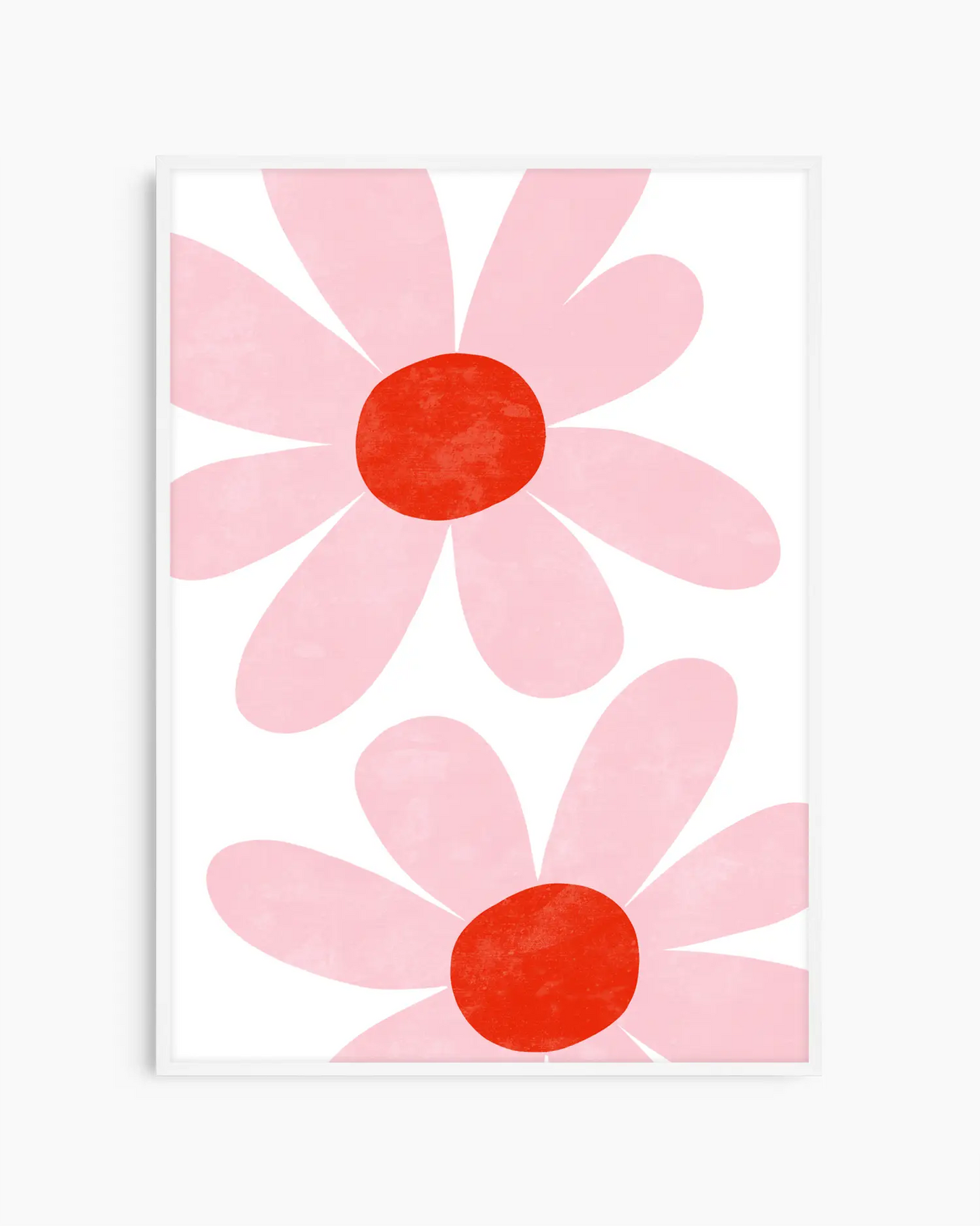 Two pink flowers with red centers on a white background