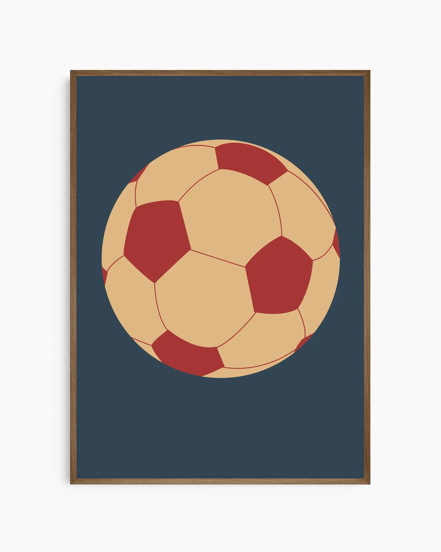 Framed artwork of a soccer ball with red and beige pattern on a dark blue background