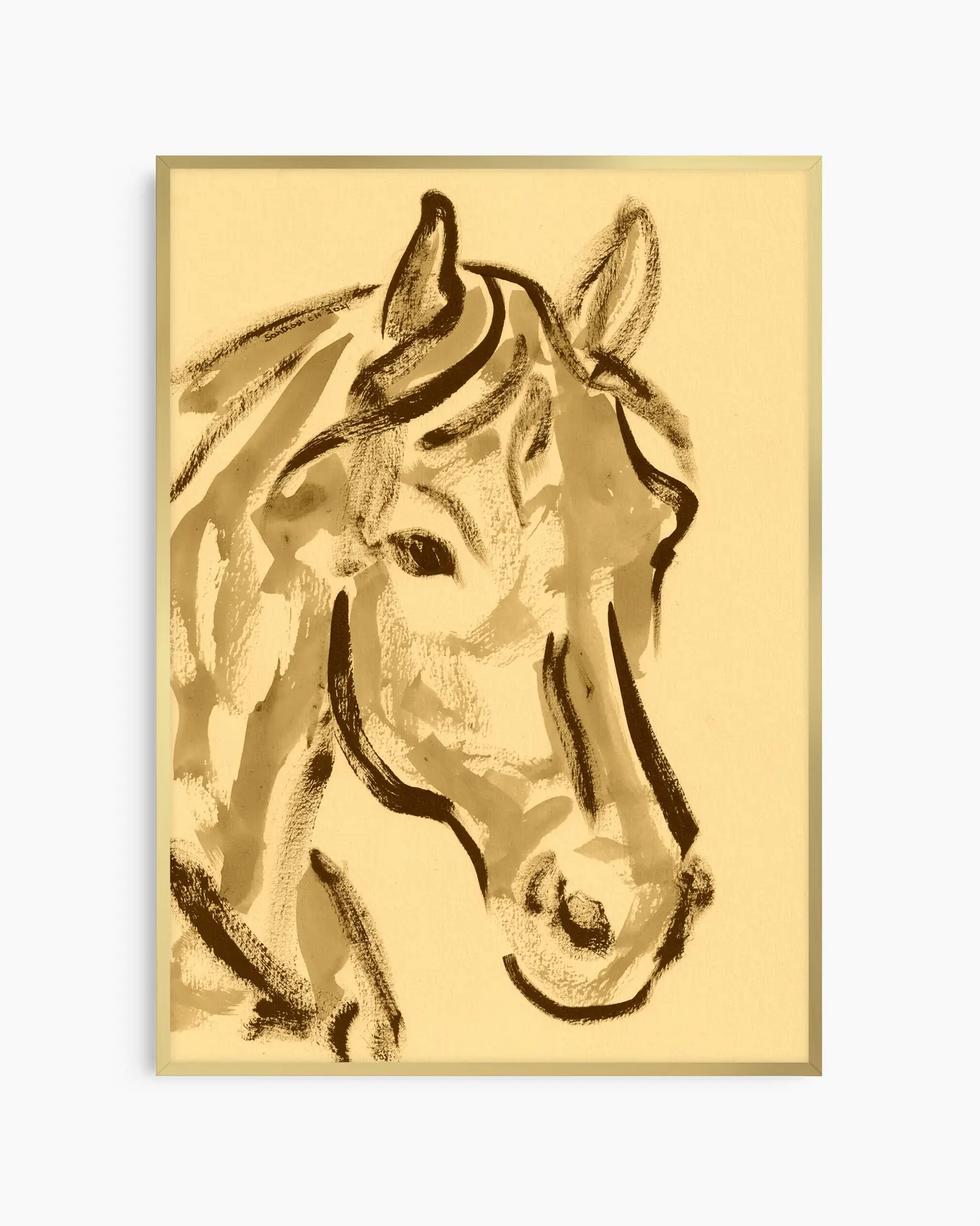 Gold-colored horse head illustration on a beige background