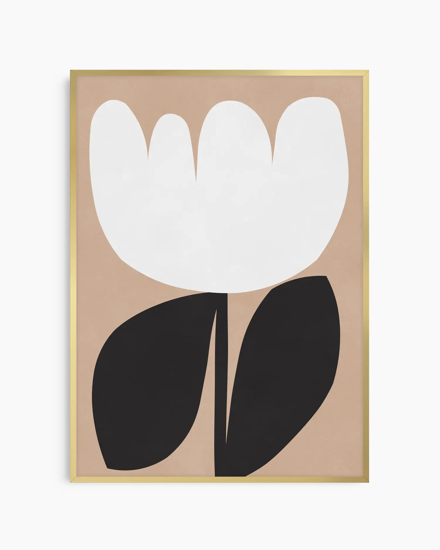 Framed artwork of a white flower with black leaves on a beige background