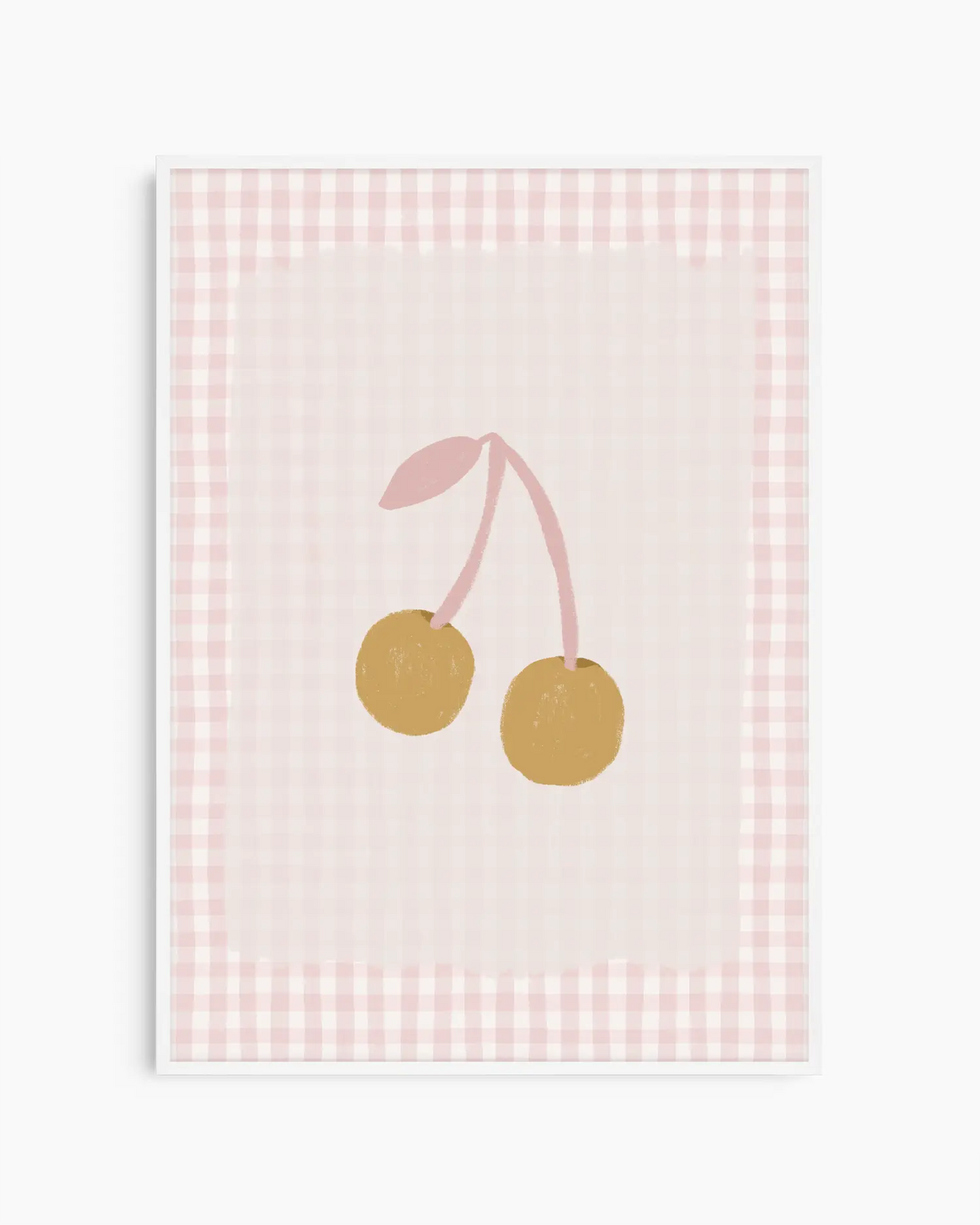 Illustration of cherries on a pink gingham background
