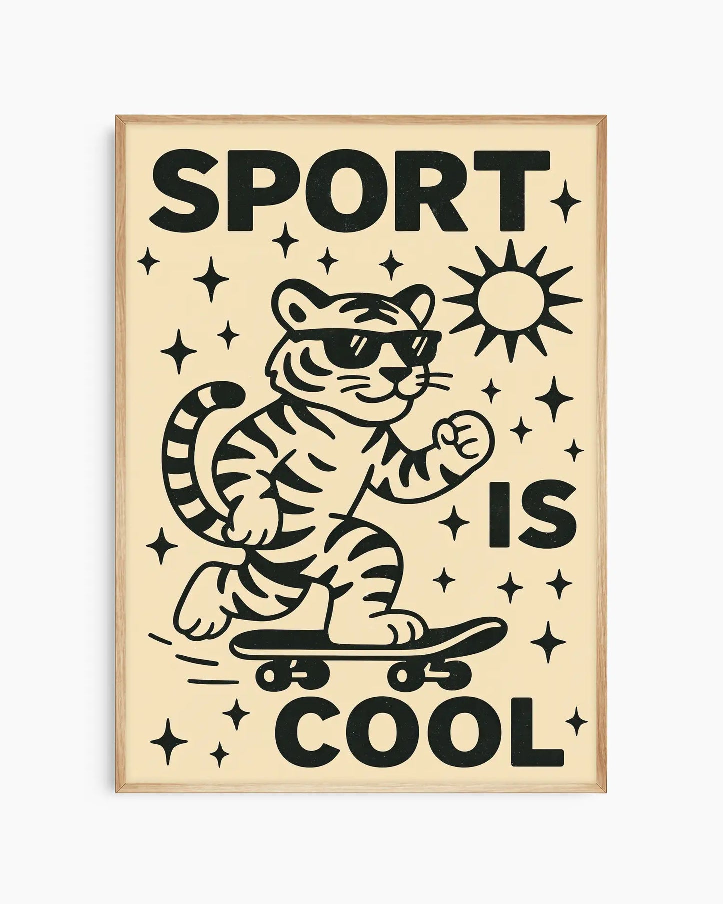 Poster with a tiger on a skateboard and 'Sport is Cool' text on a beige background