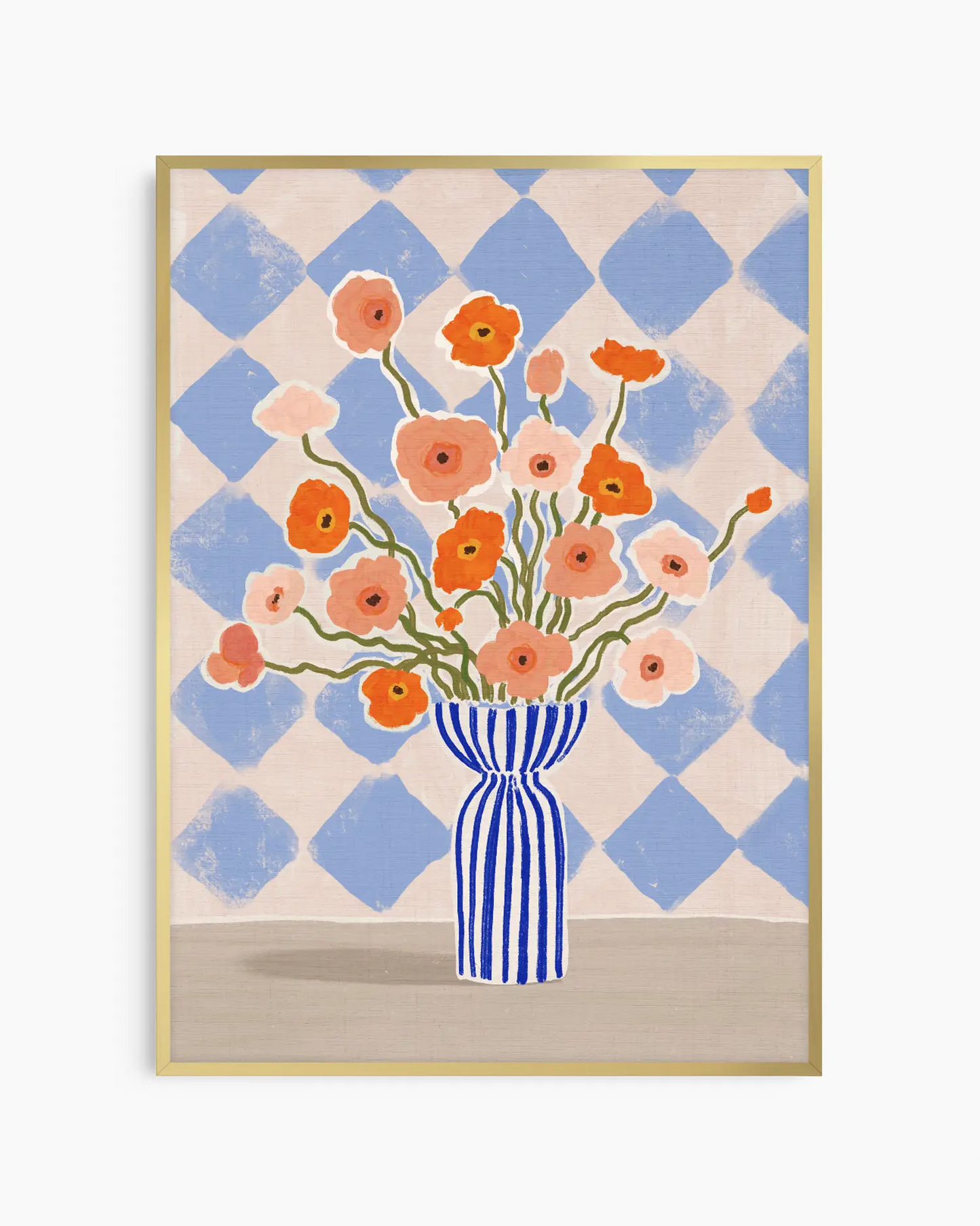 Nursery poster of a bouquet of flowers in a blue and white striped vase against a checkered background. Gold frame.