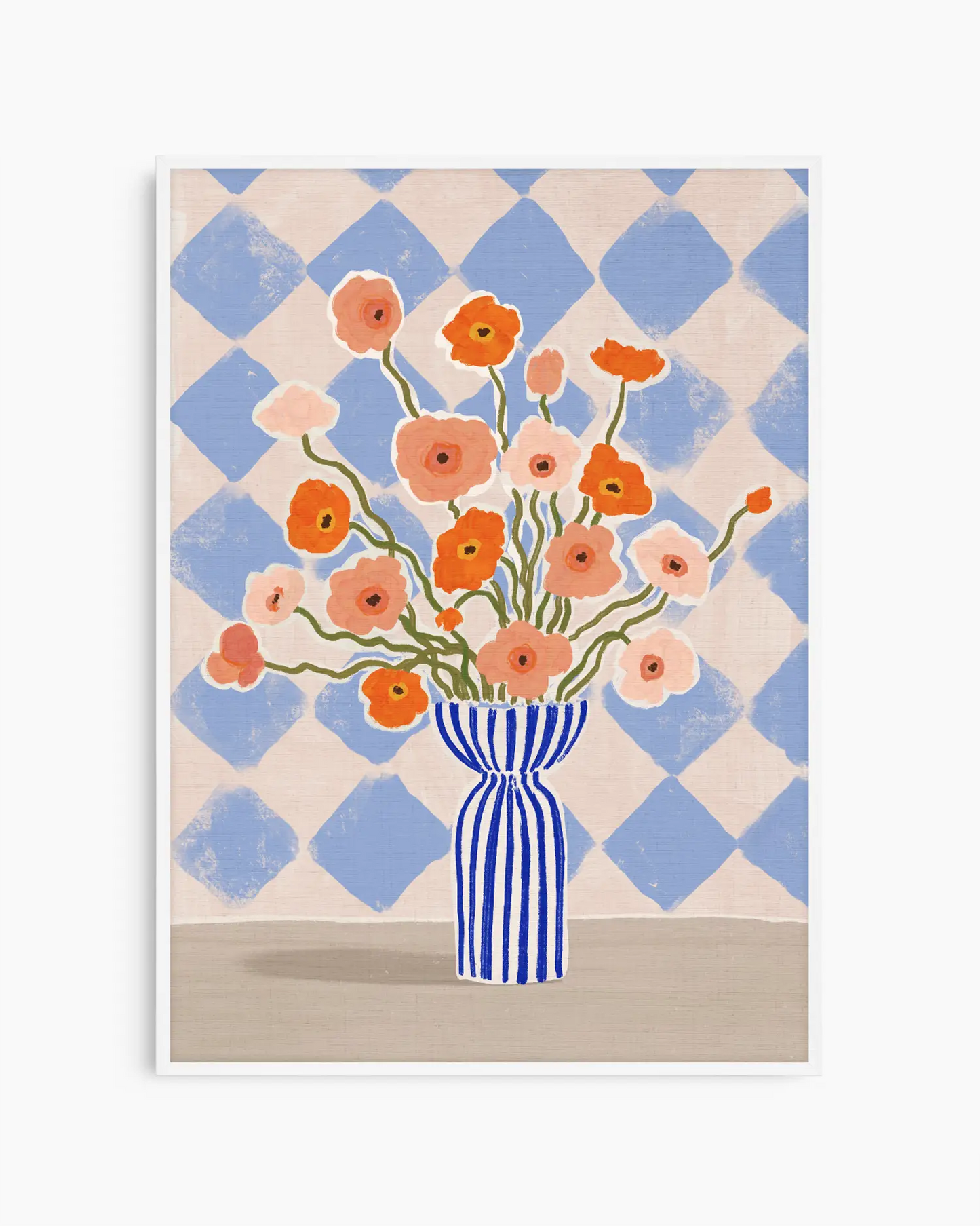 Nursery poster of a bouquet of flowers in a blue and white striped vase against a checkered background. White frame.