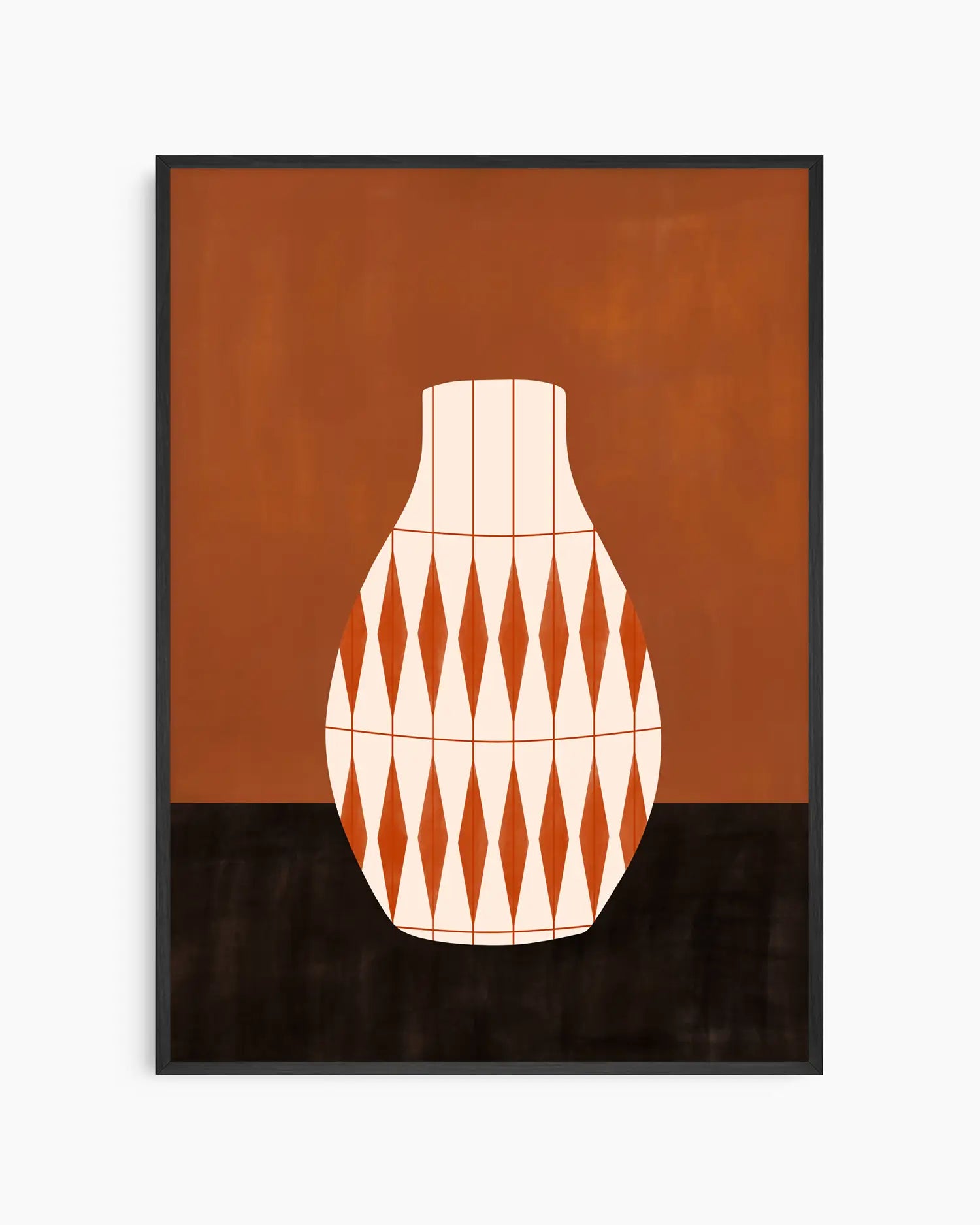Framed artwork of a geometric vase design on a brown and black background. Black frame.