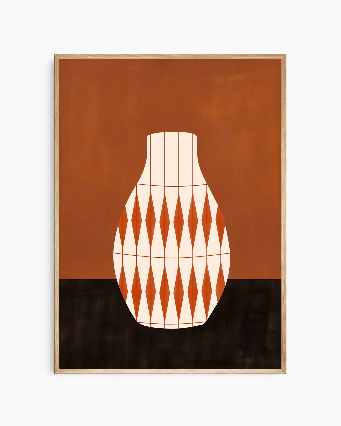 Framed artwork of a geometric vase design on a brown and black background. Oak frame.
