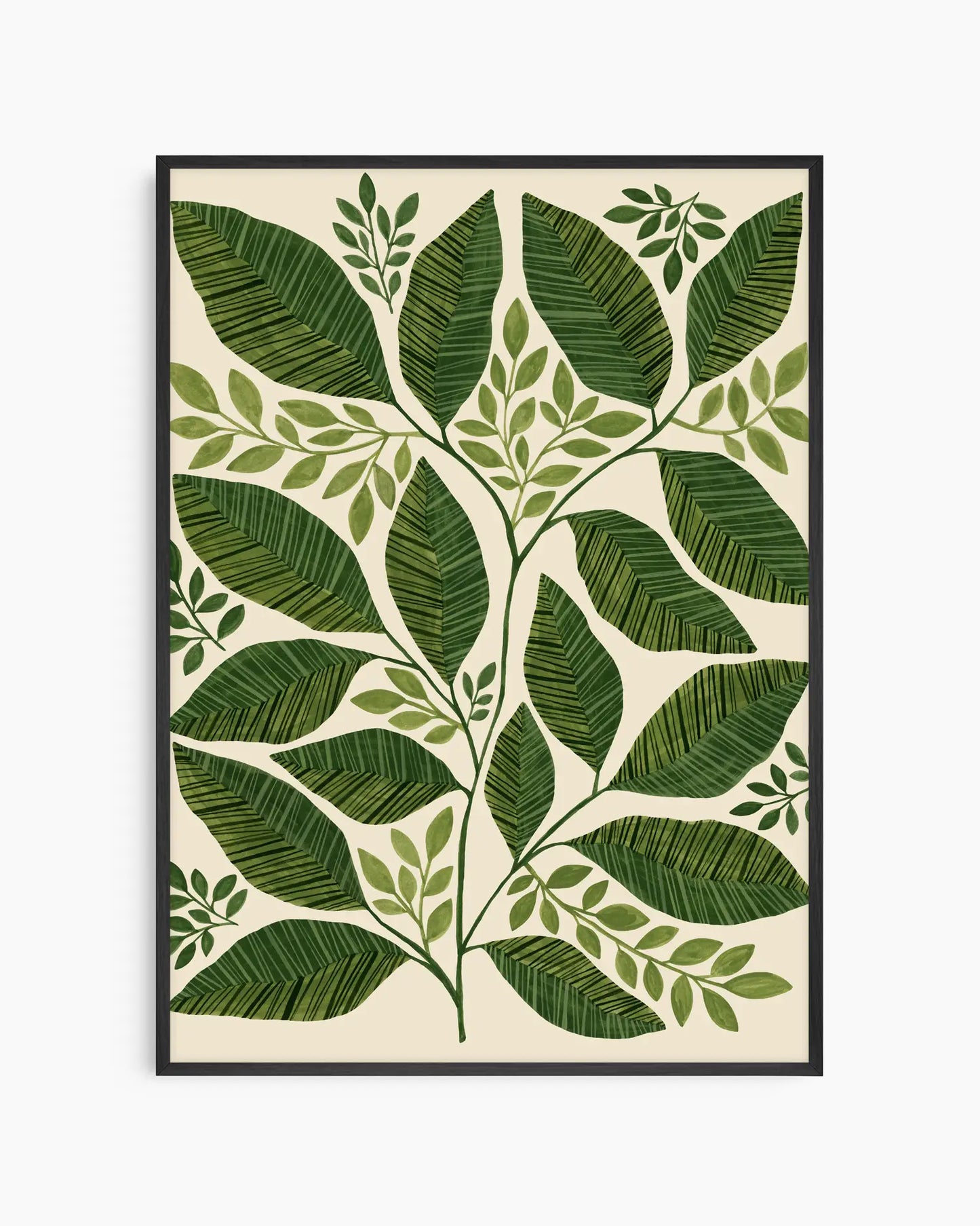Framed artwork with green leaf pattern on a beige background