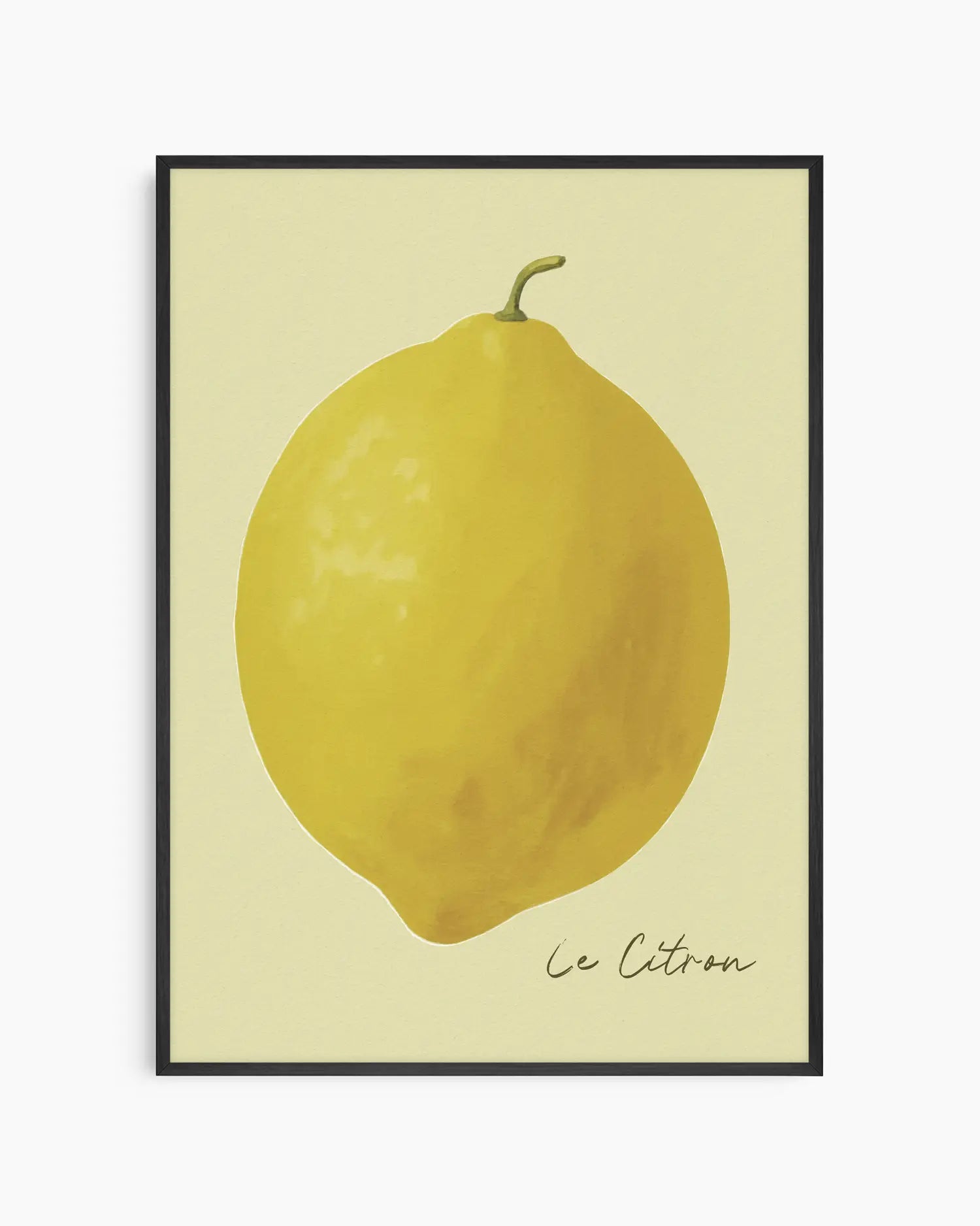 Framed artwork of a lemon with 'Le Citron' text on a light background in a black wooden frame.