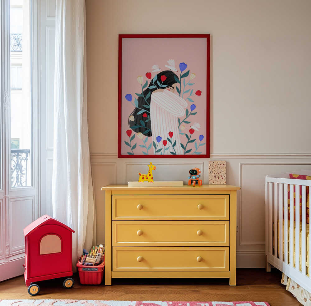 Whimsical floral art print featuring a woman surrounded by blooming flowers in cheerful colors, hanging above a yellow dresser in a children’s room. A playful yet elegant wall art piece that brings warmth and creativity to modern family interiors.