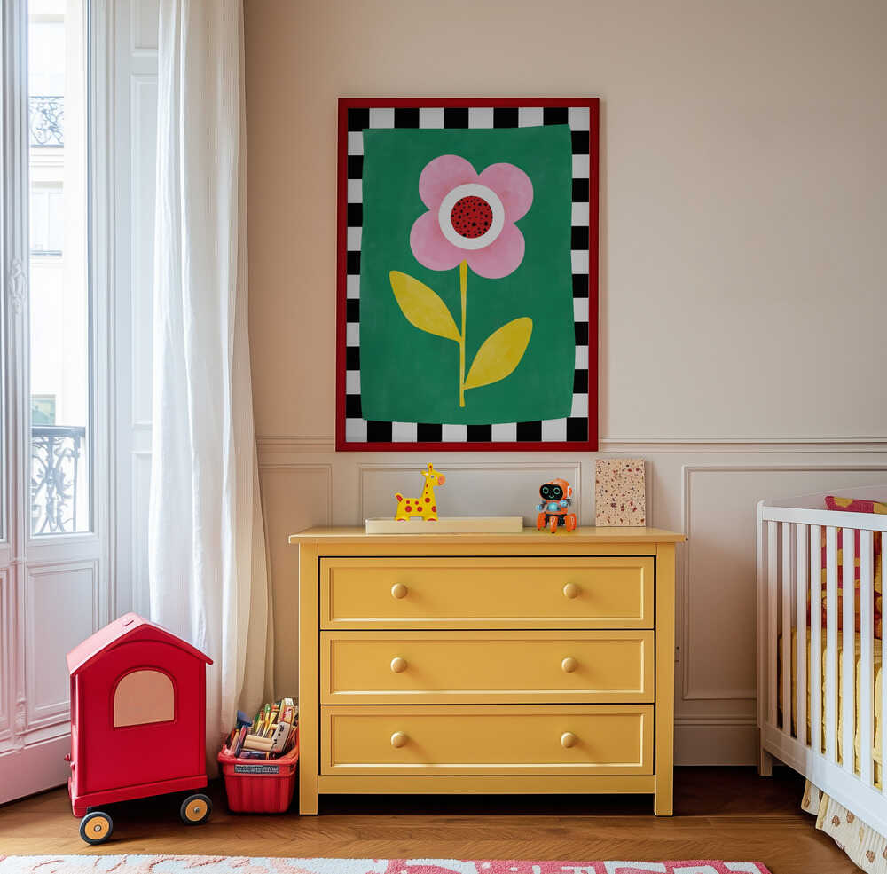 Poster of a big pink, red, white and yellow flower on a green background and white and black stripes surrounding it like a frame hanging on the wall in the children's room