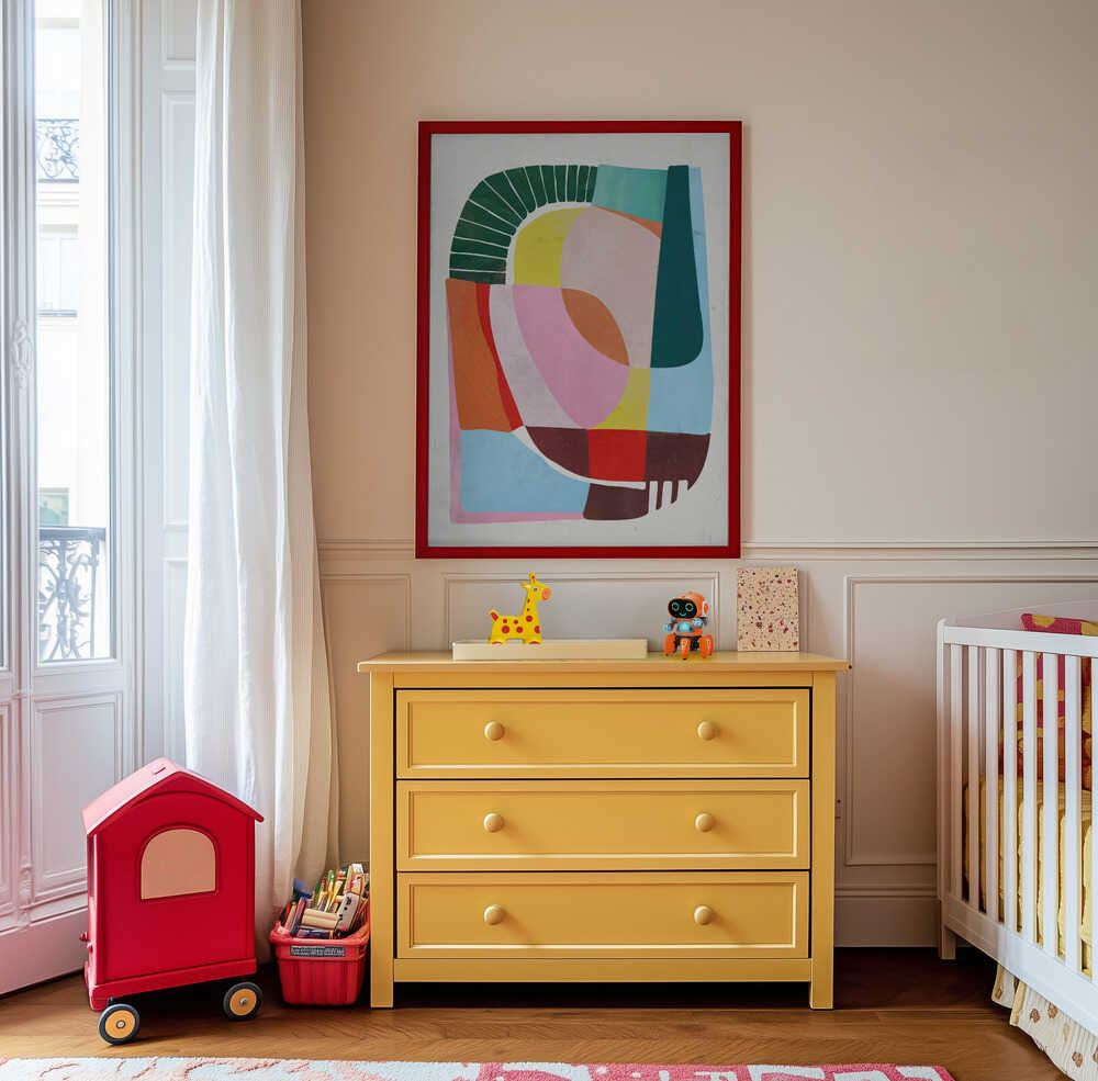 Framed colorful poster hanging on the wall